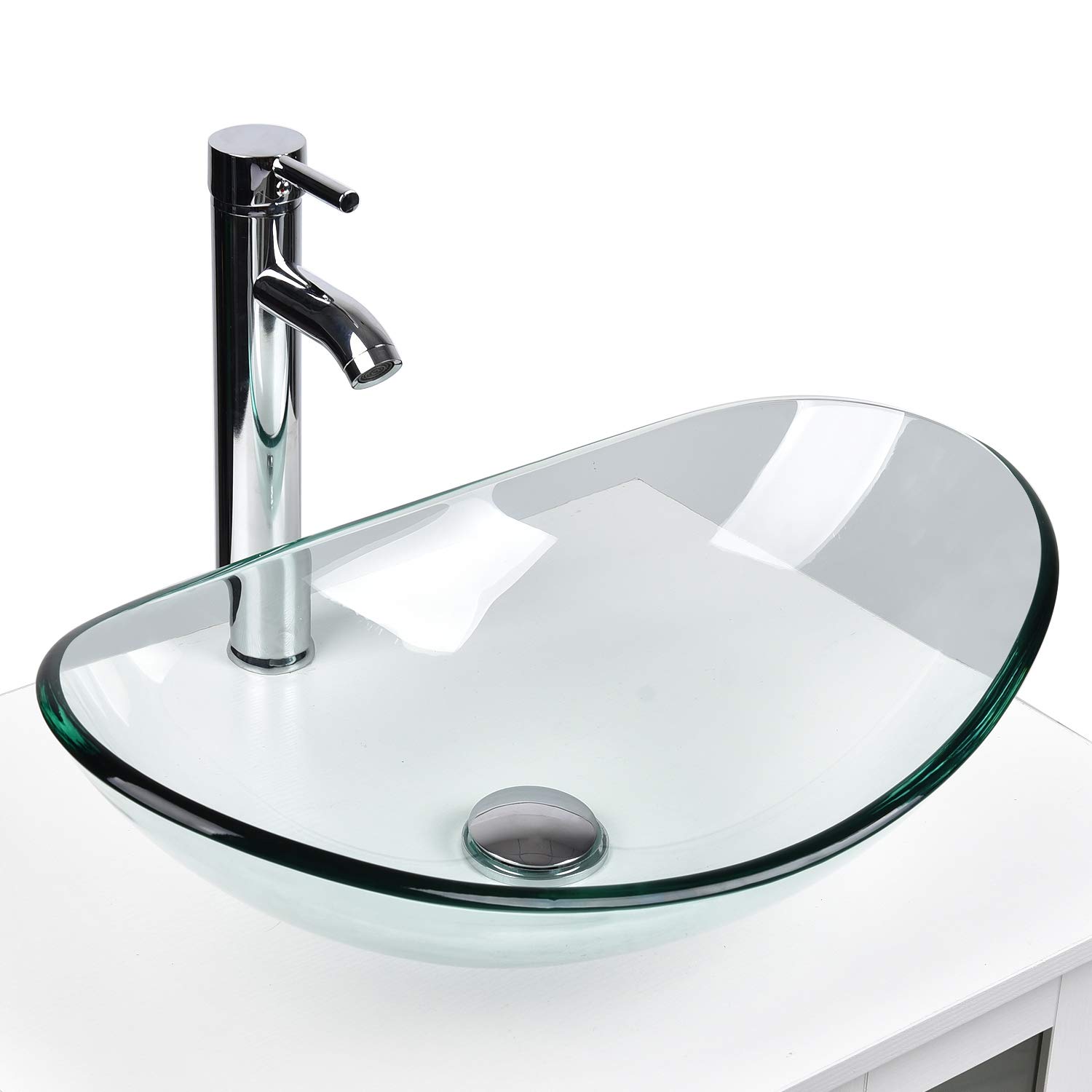 ARTETHYS Modern Bathroom Sink & Faucet Set - Tempered Glass Vessel Basin with Chrome Faucet, Pop-up Drain & Water Pipes - Oval Clear Crystal Design for Vanity Countertop - Perfect for Contemporary Bathrooms, Powder Rooms & Guest Suites