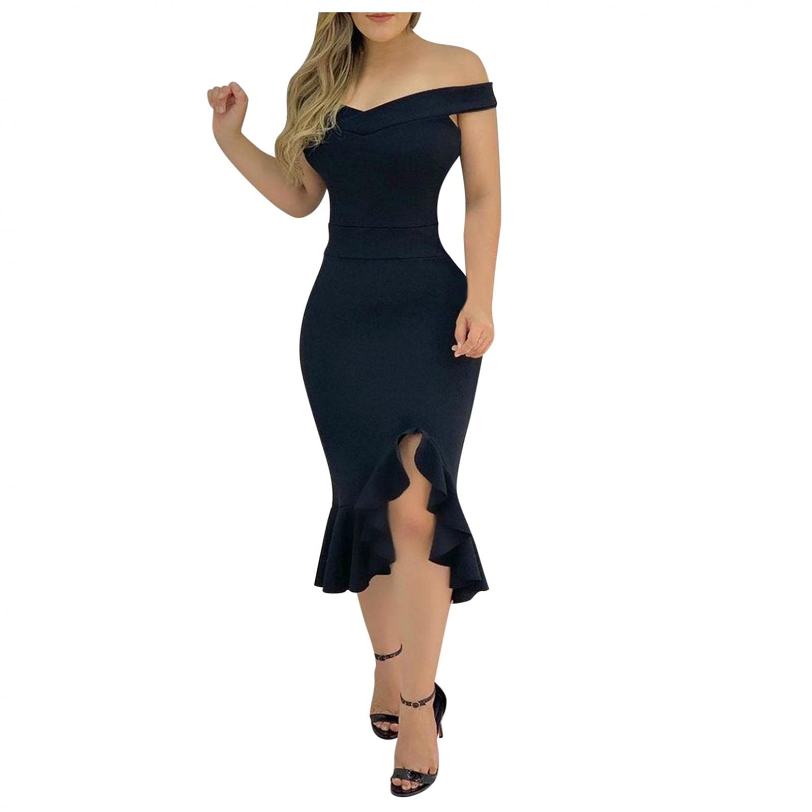 ASCOBO Women's Elegant Cold Shoulder Cocktail Dress with Ruffle Hem & Side Slit - Wedding Guest, Party, Evening, Formal Occasion Wear