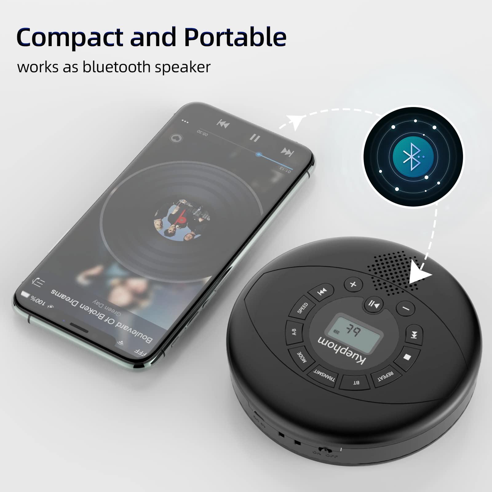 KUEPHOM Portable Bluetooth CD Player with Headphones, Rechargeable Anti-Skip Disc Walkman, Built-in Speakers, USB/AUX Input, Black - Perfect for Car, Home, Travel, and Outdoor Adventures