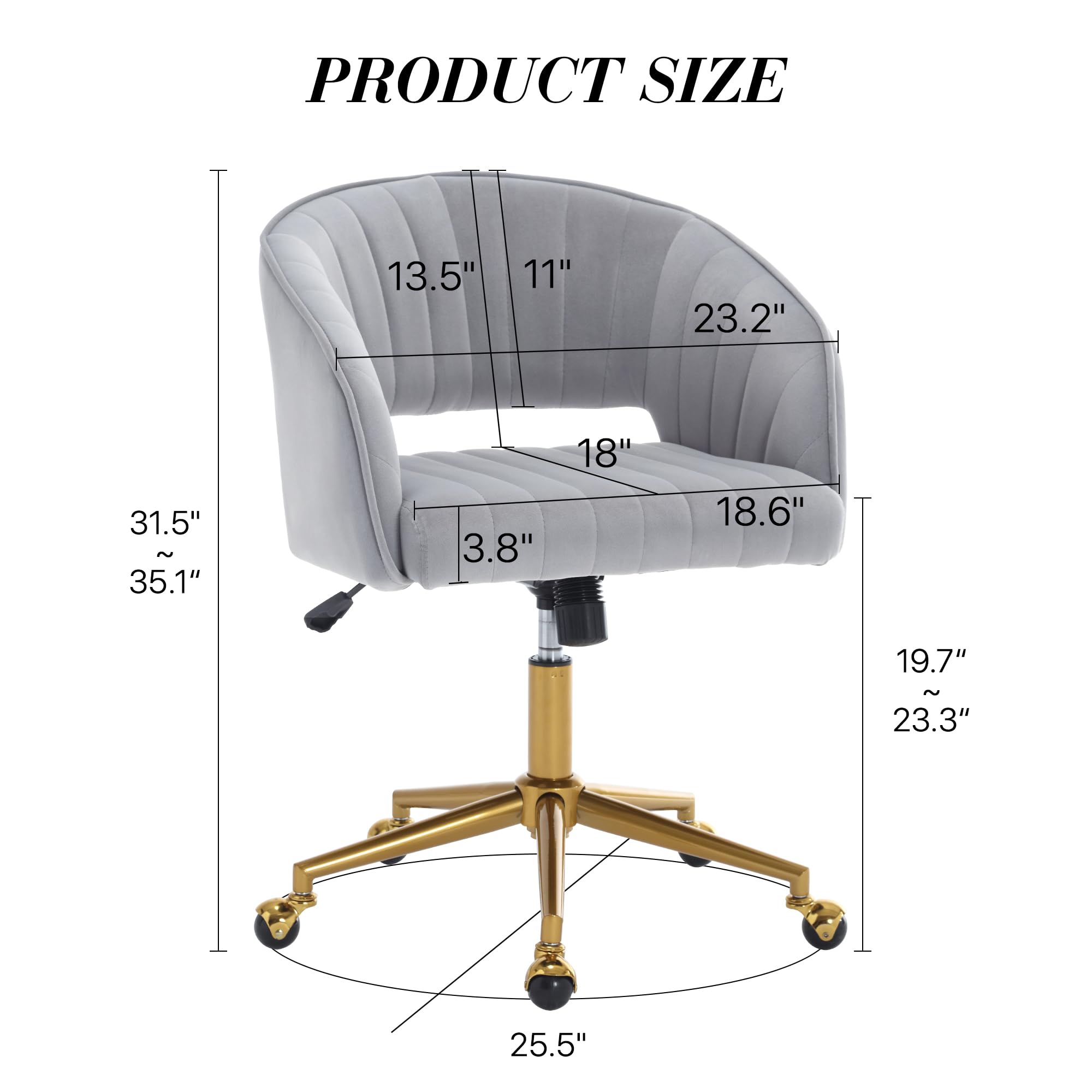 Ergonomic Velvet Swivel Office Chair with Gold Base - Modern Tufted Upholstered Desk Chair for Women, Girls, Home & Study - Comfortable Computer Task Stool for Living Room, Bedroom & Home Office (Light Gray)