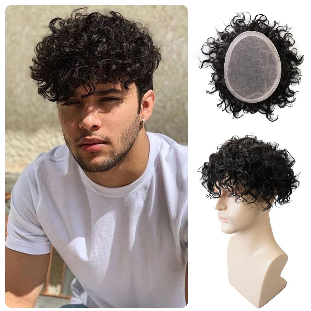 Lordhair 100% Human Hair Men's Toupee - 7x9 Inch Curly Lace Front Hair System with PU Base (20mm) - Natural Looking Hair Replacement for Thinning Hair & Baldness - Perfect for Daily Wear, Special Occasions & Styling