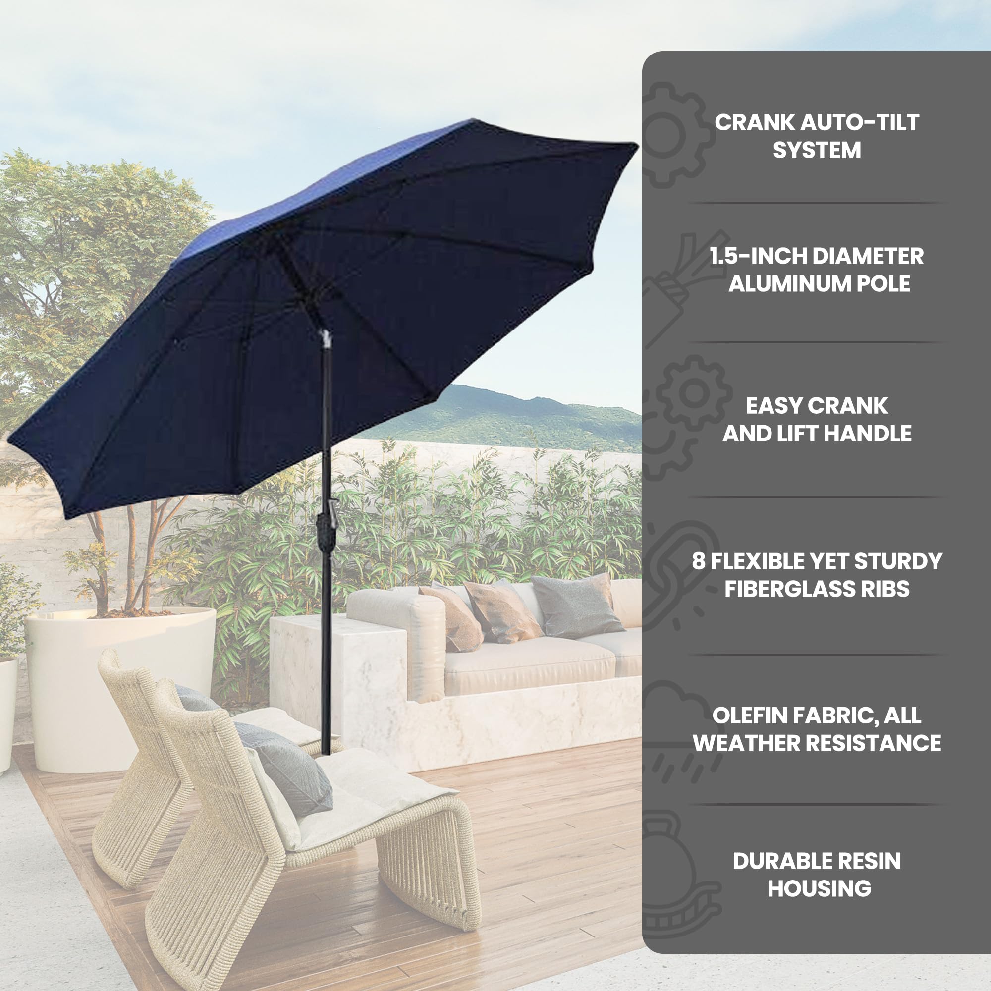 Outdoor Patio Table Canopy Umbrella with Crank Lift & Auto Tilt System - Sun Shade for Beach, Poolside, Garden & Backyard Relaxation