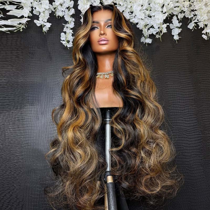 Eullair P1b/Brown Highlight Body Wave Glueless Human Hair Wig - Balayage Colored Lace Frontal Wig for Women | Natural Look for Daily Wear, Parties & Special Occasions