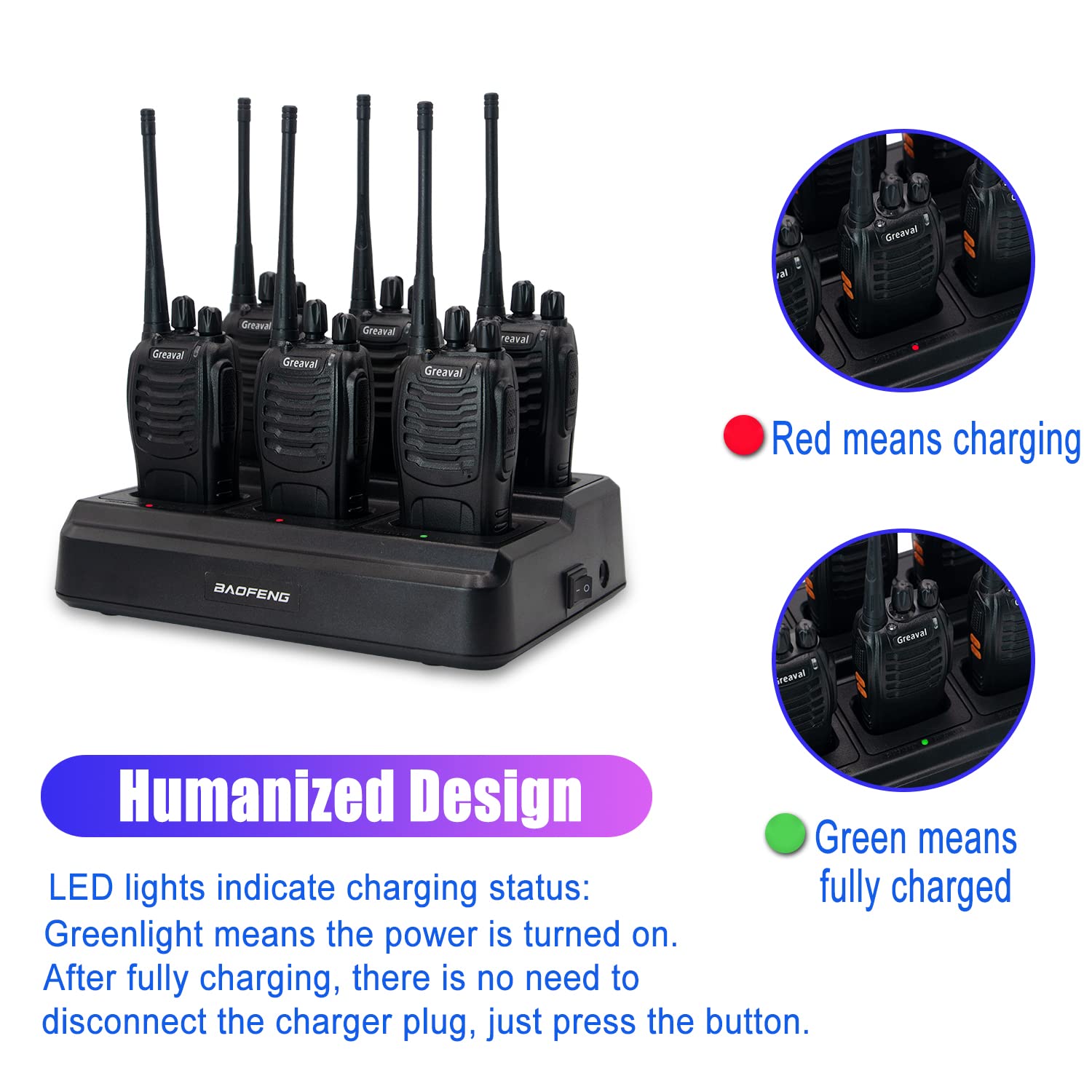 GV-8S Long Range Walkie Talkies (6 Pack) - Rechargeable Two-Way Radios with 12 Li-ion Batteries, 6-Way Charger & Accessories for Adults - Perfect for Outdoor Adventures, Construction Sites, and Event Coordination