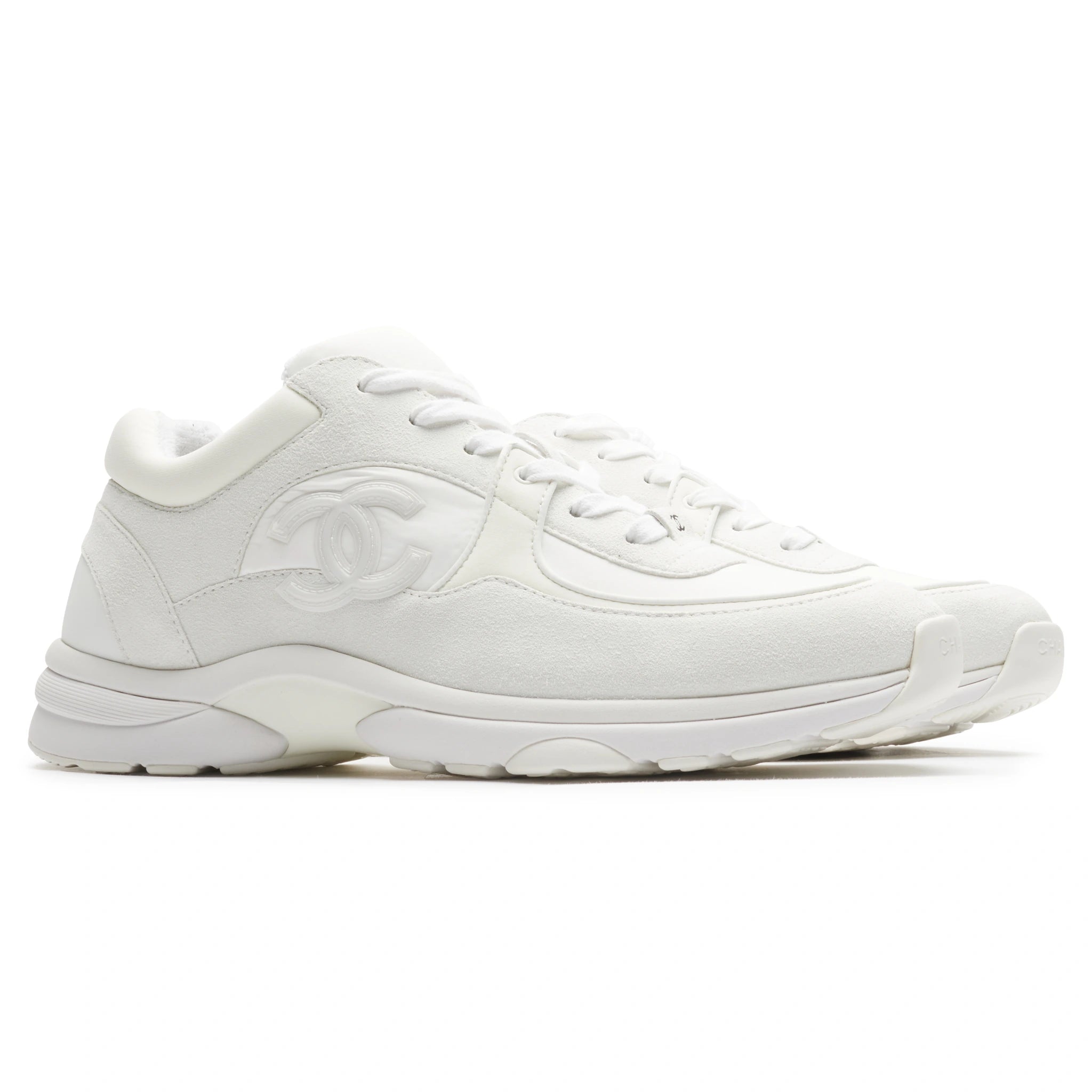 Chanel CC Logo Triple White Nylon Reflective Sneakers - Vintage Pre-Owned Luxury Shoes for Women | Perfect for Casual Outfits, Street Style & Fashion Events