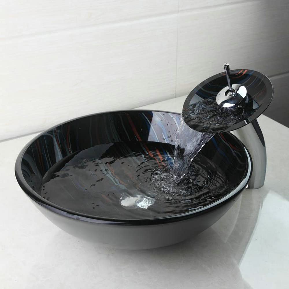 Black Sequin Glass Vessel Sink with Faucet and Pop-Up Drain - Modern Bathroom Vanity Sink Combo for Powder Rooms, Guest Baths & Luxury Home Decor