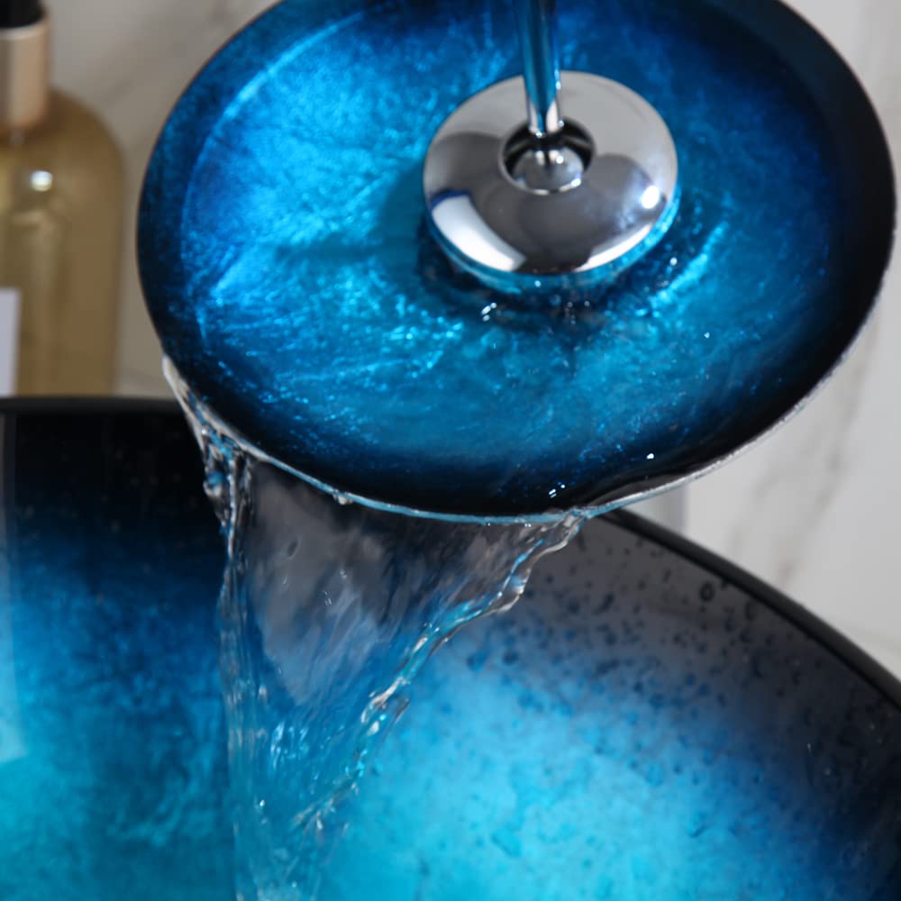 Black & Blue Round Tempered Glass Vessel Sink with Waterfall Faucet - Bathroom Wash Basin with Chrome Brass Mixer, Pop-up Drain & Hot/Cold Water Hoses - Perfect for Modern Bathrooms, Powder Rooms & Spa Retreats