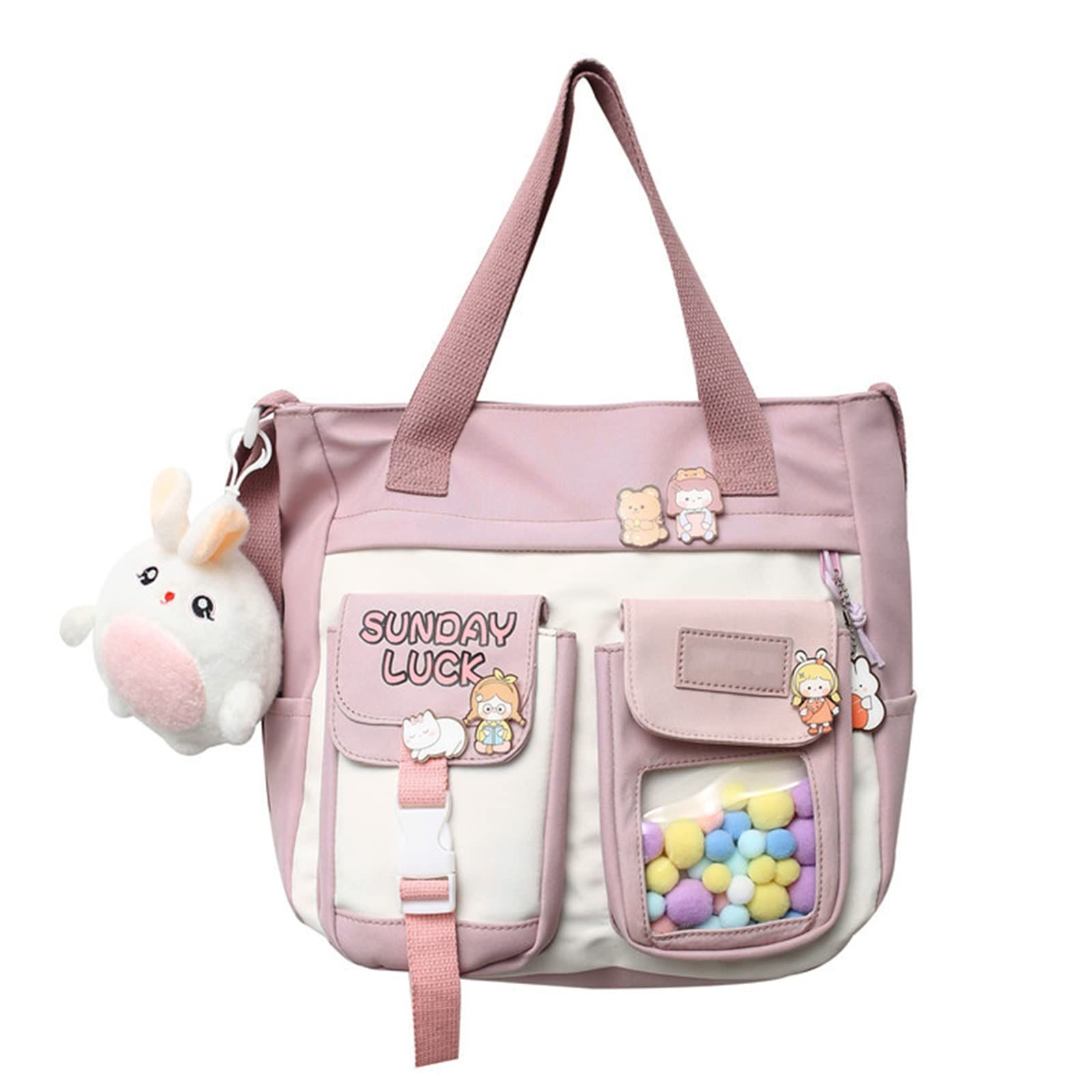 **Cute Pink Kawaii Backpack for Girls - Crossbody School Bag & Casual Shoulder Tote with Aesthetic Accessory Pins - Perfect for School, Travel & Everyday Use**