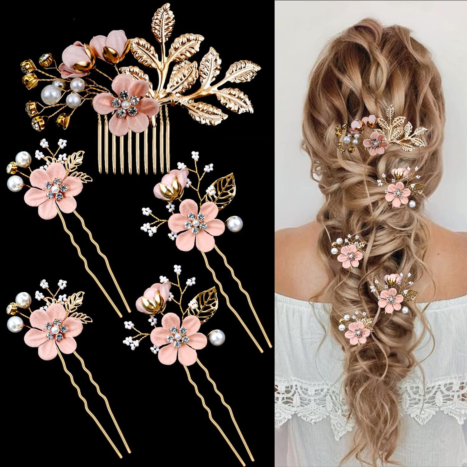 5 PCS Gold Crystal Pearl Wedding Hair Pins - Rhinestone Bridal Hair Clips Headpiece for Brides, Bridesmaids, Women & Girls (Cherry Blossom Pink) | Perfect for Weddings, Prom, Parties & Special Occasions