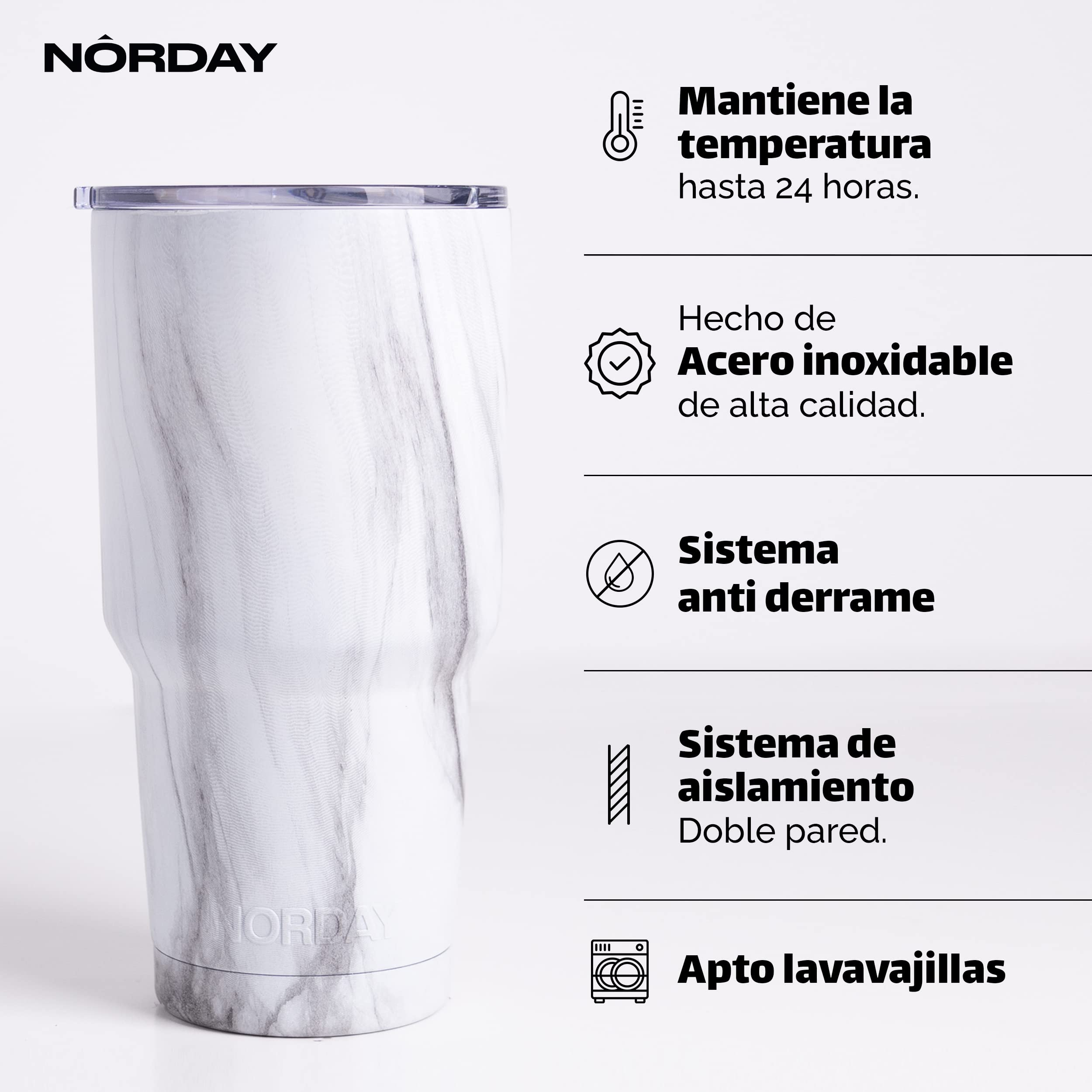 NORDAY 30oz White Marble Insulated Stainless Steel Tumbler with Lid - Double Wall Vacuum Coffee Travel Mug - Keeps Hot/Cold for 24 Hours - Fits Car Cup Holder - Leakproof & Sweatproof - Perfect for Office, Gym, Camping & Road Trips