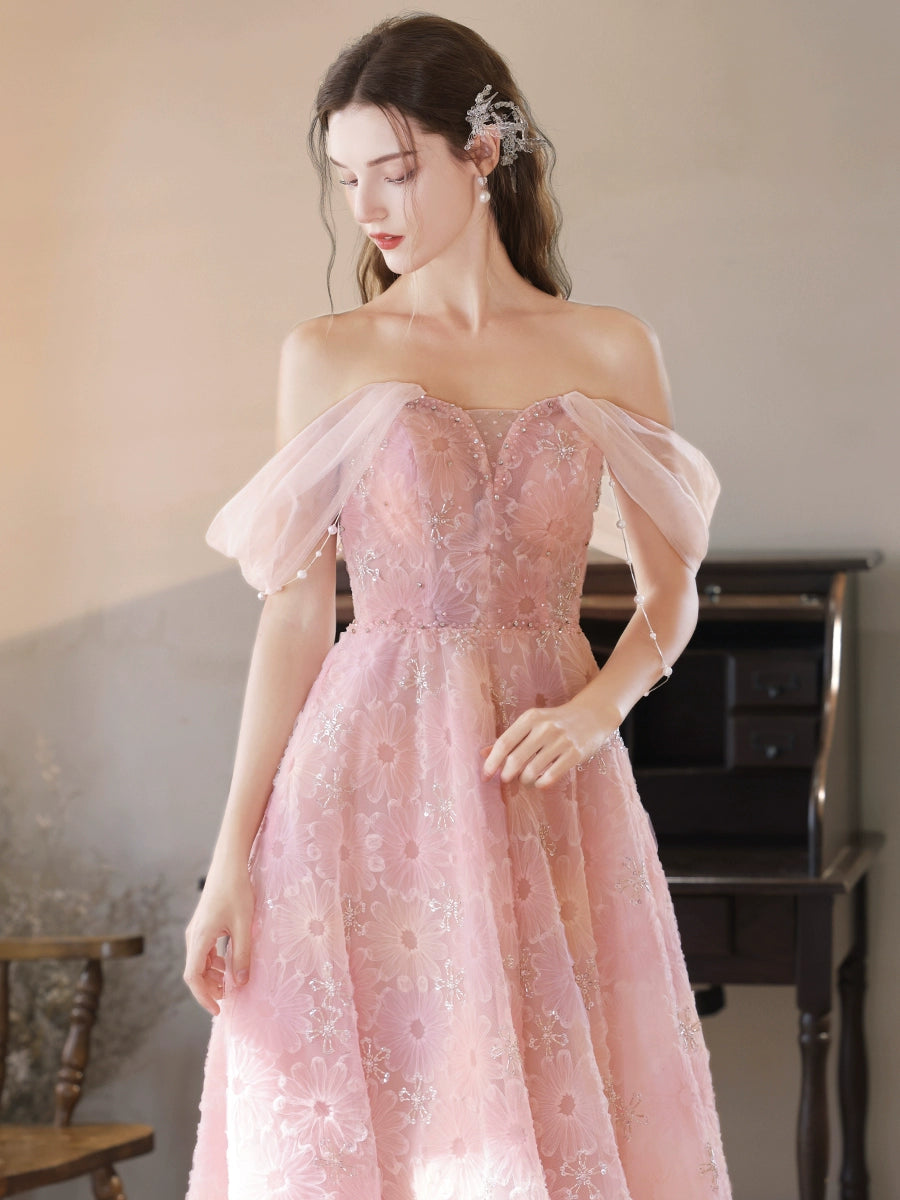 Elegant A-Line Off Shoulder Tulle Lace Pink Long Prom Dress | Pink Lace Evening Gown for Women | Perfect for Prom, Homecoming, Wedding & Formal Events