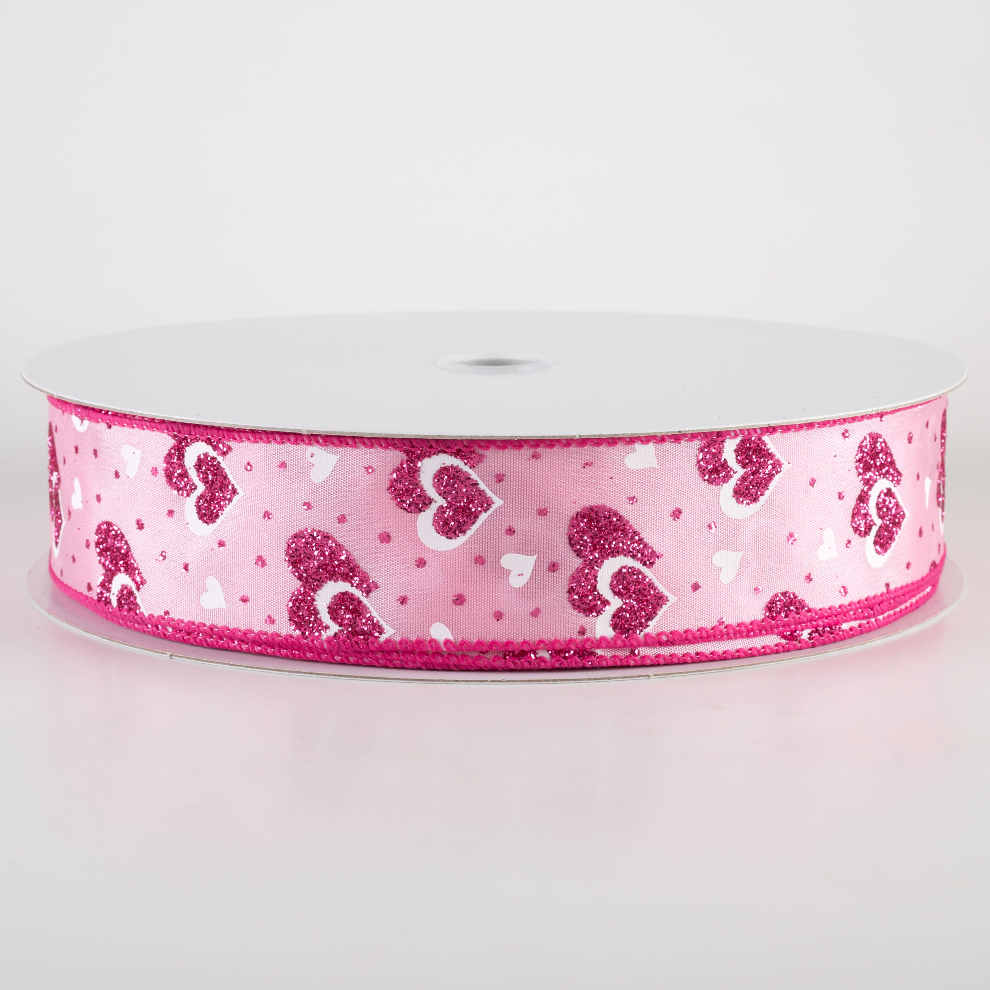 1.5 Inch Glittered Dots & Hearts Ribbon - Pink Craft Ribbon (50 Yards) for Gift Wrapping, DIY Scrapbooking, Party Decorations & Hair Bows