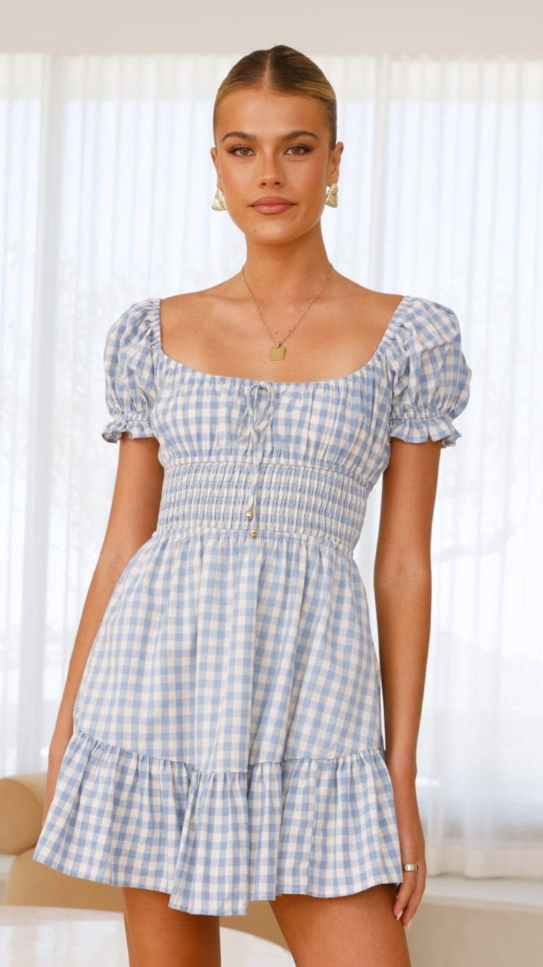 Kori Mini Dress - Blue Check Plaid Summer Casual Dress for Women | Perfect for Beach, Party & Date Night Outfits