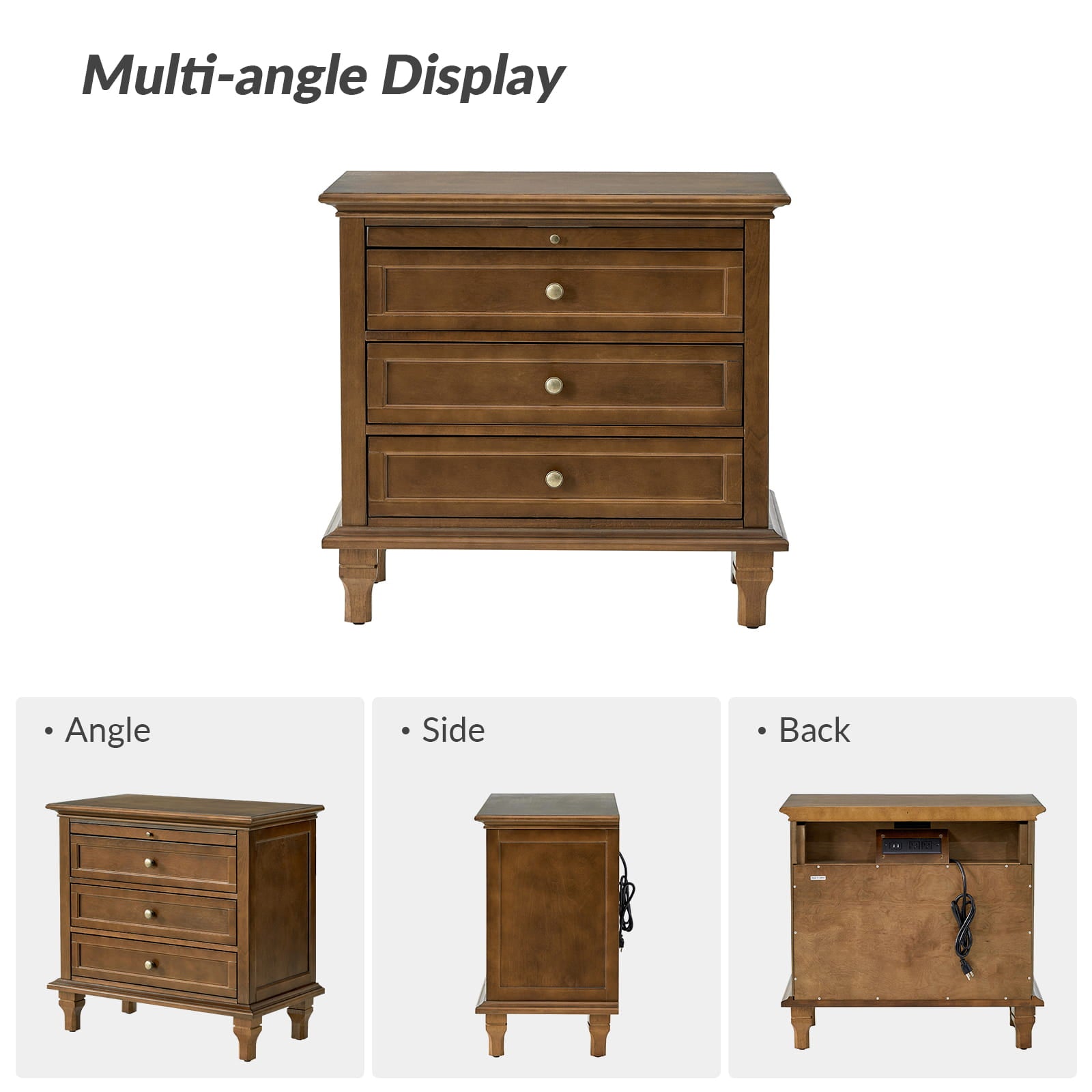 Galatea 3-Drawer Nightstand with USB Charging Ports & Power Outlets - Modern Bedside Table with Storage for Bedroom, Living Room or Office