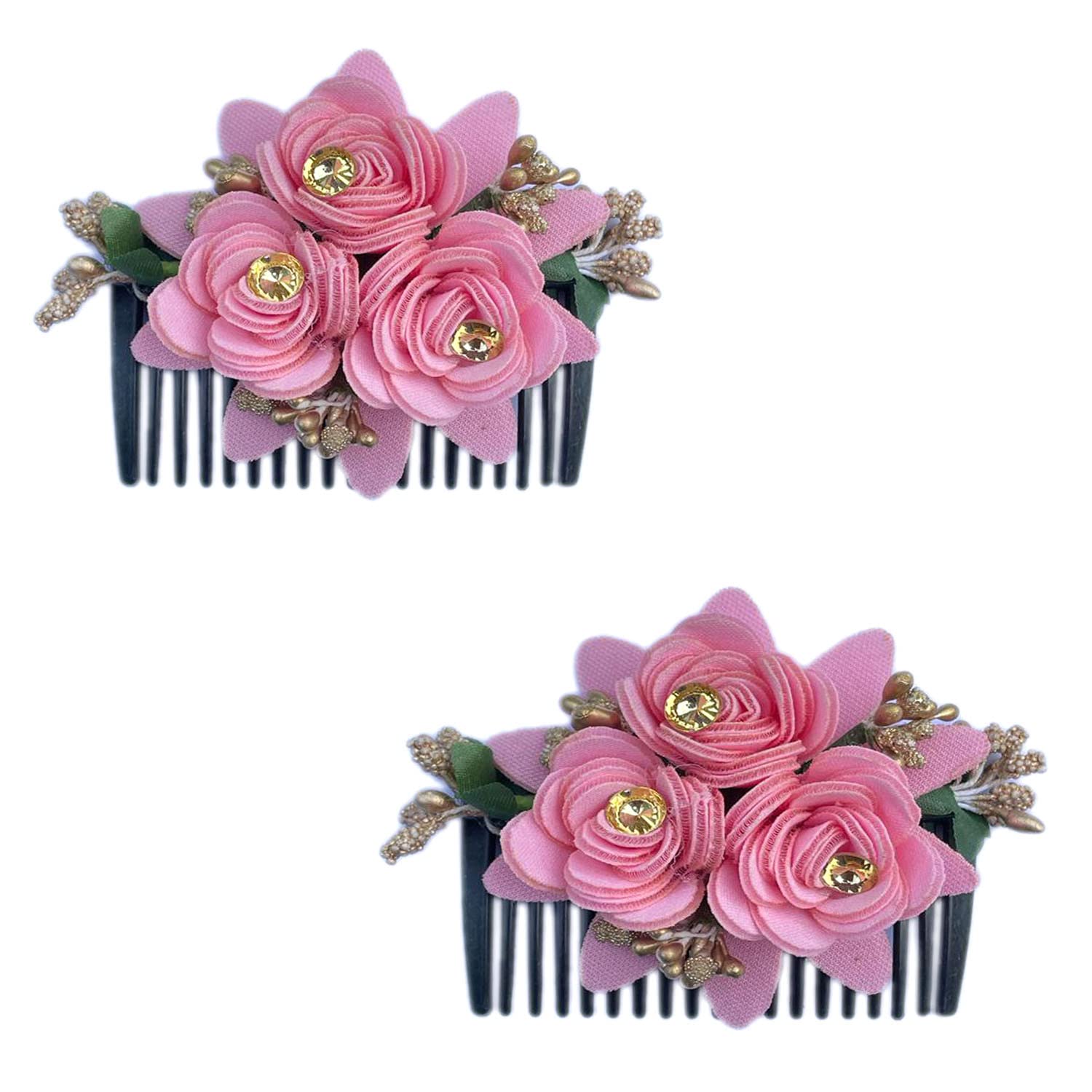 VinshBond Elegant Floral Hair Comb Clip - Side Hair Jewelry for Women & Girls (Pack of 2, Pink) - Perfect for Weddings, Parties & Special Occasions