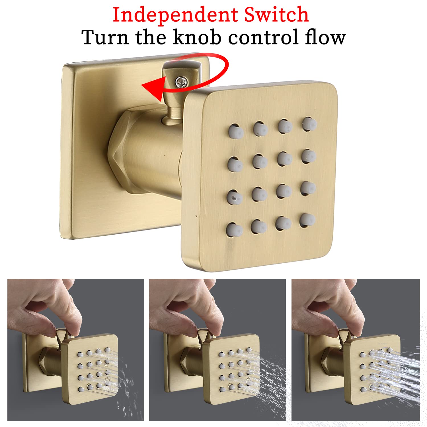 Premium 6-Piece Solid Brass Square Shower Body Spray Set with On/Off Switch - Brushed Gold Wall Mount Massage Nozzle Jets - Adjustable Flow & Swivel Showerhead for Luxurious Spa-Like Bathroom Experience
