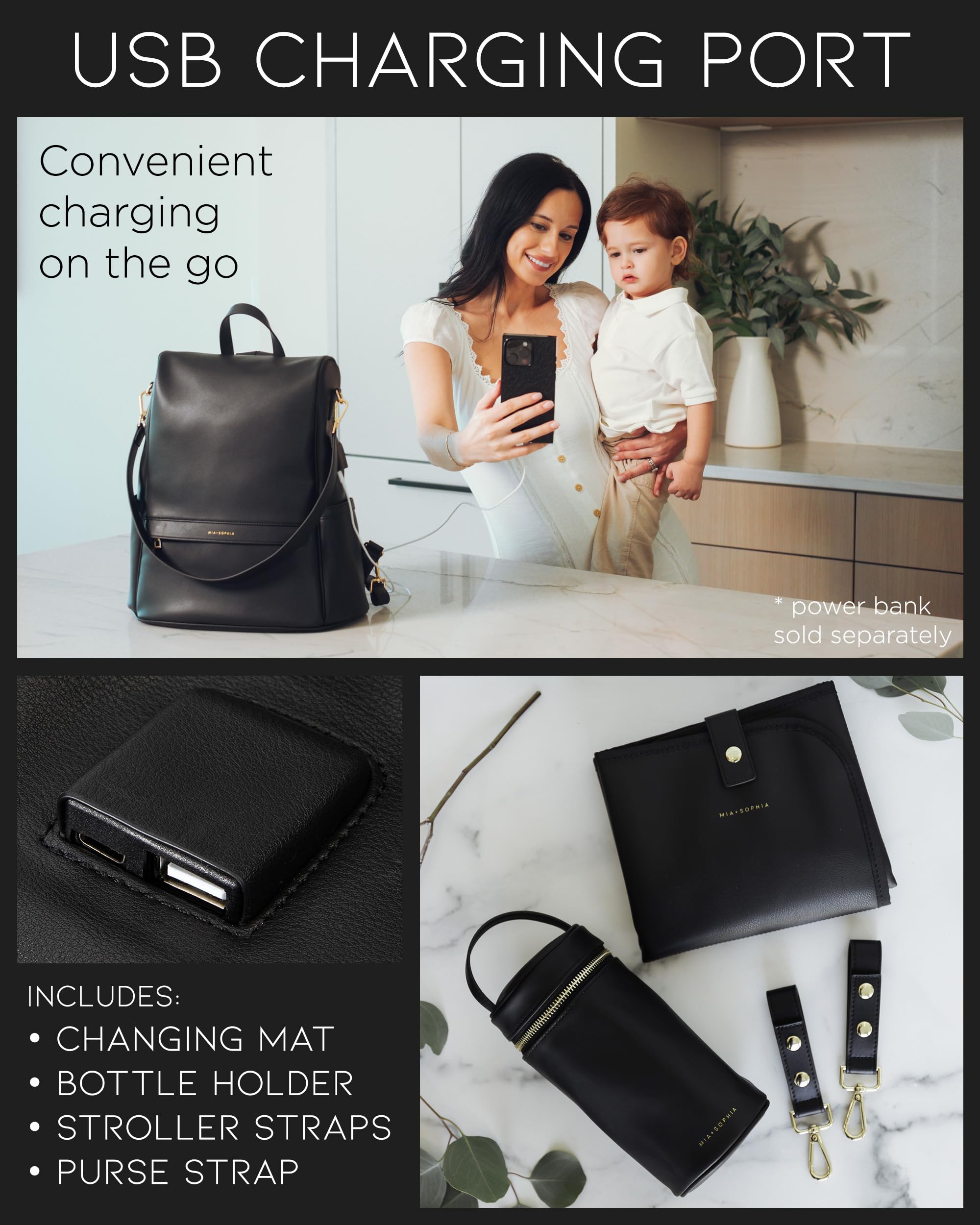 Premium Leather Diaper Bag Backpack with USB Charging Port, Insulated Bottle Pockets & Stroller Straps - Large Travel Baby Changing Bag with Removable Pad (Black) - Perfect for New Parents, Daycare & Family Outings
