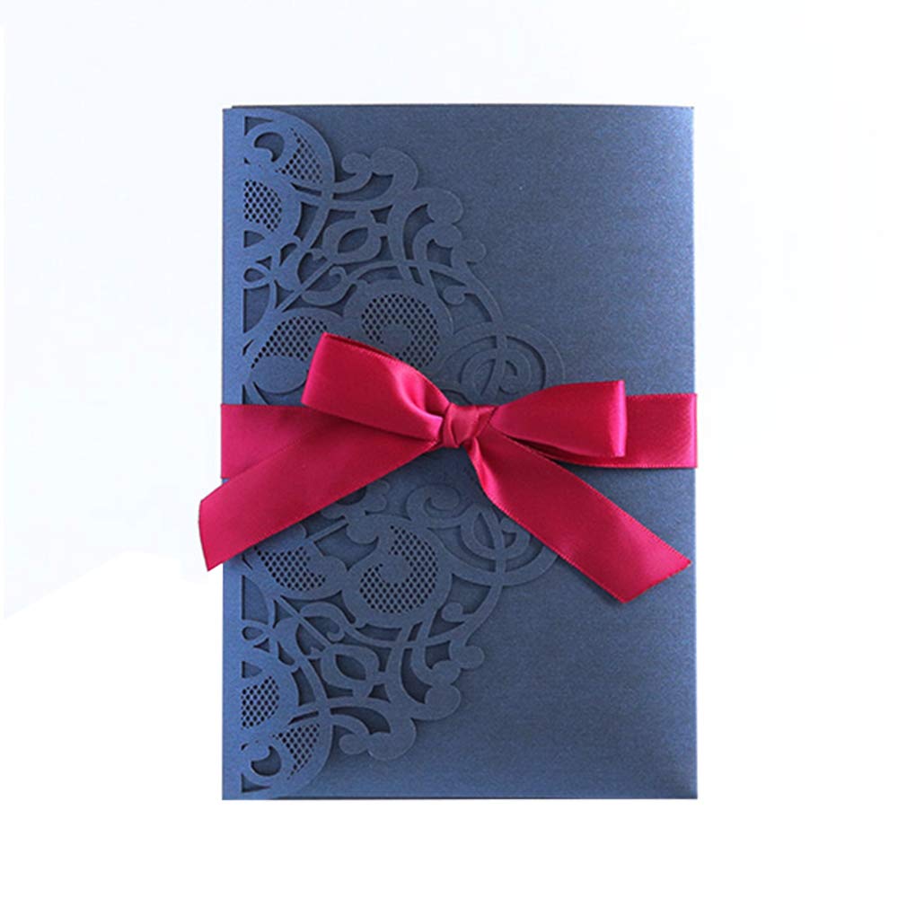 10PCS Elegant Navy Blue Wedding Invitation Cards with Ribbon - European Style Laser Cut Invitation Kit with Hollow Floral Design & Blank Cardstock - Perfect for Weddings, Anniversaries & Special Events by Giveme5