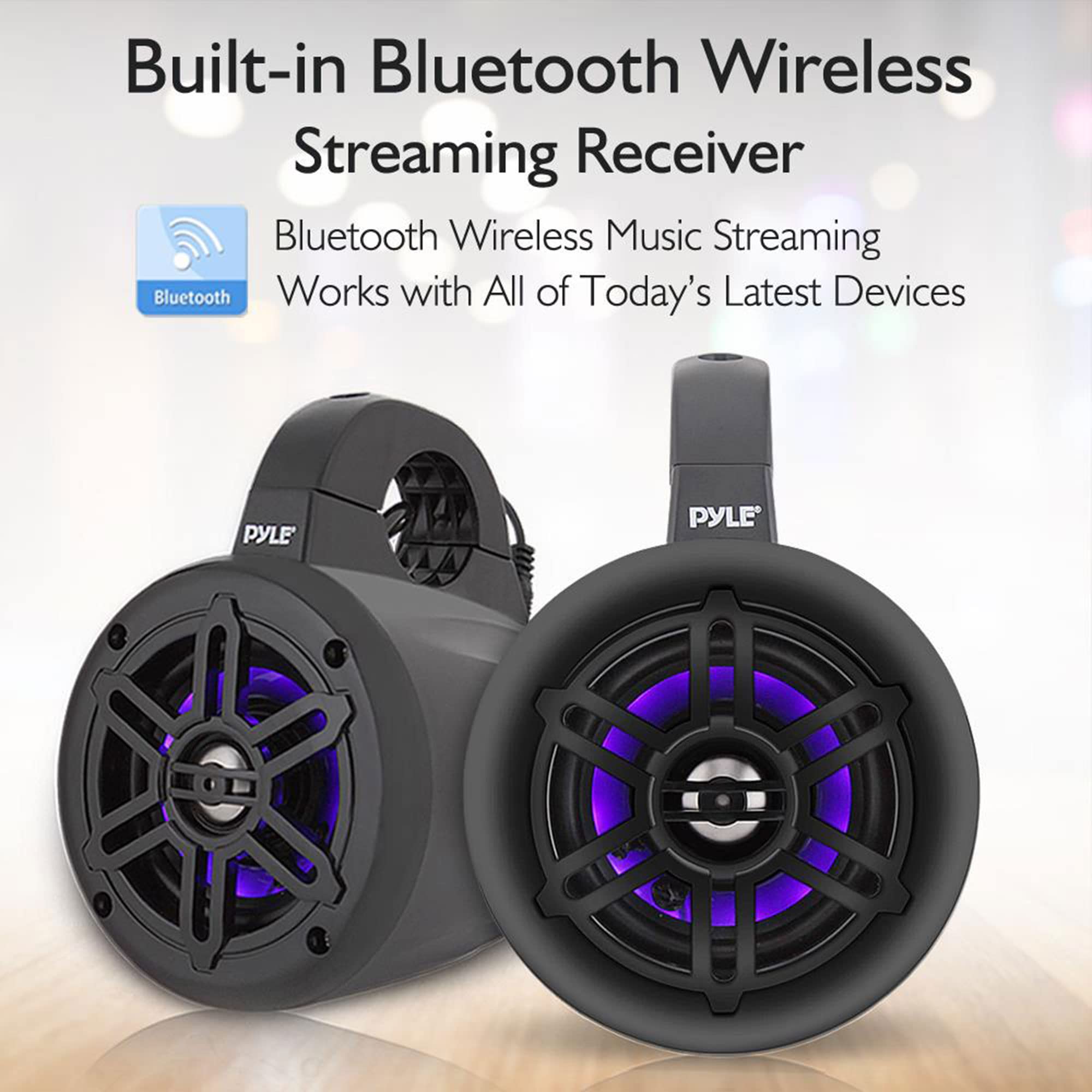 Pyle Waterproof Marine Wakeboard Tower Speakers - 4 Inch Dual Subwoofer Speaker Set w/LED Lights & Bluetooth for Wireless Music Streaming - Boat Audio System w/Mounting Clamps - Perfect for Wakeboarding, Boating, and Outdoor Water Sports