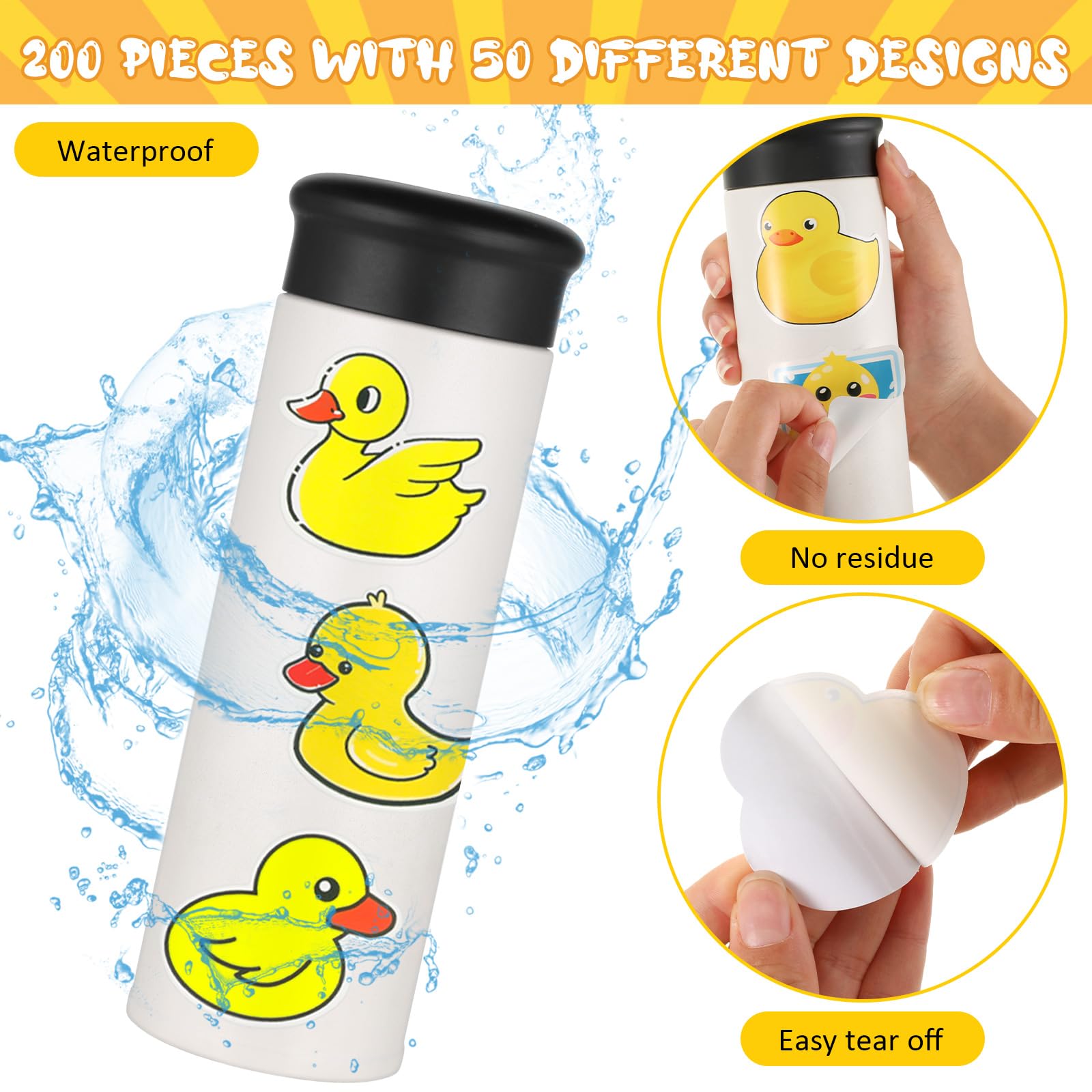 Sabary 200 Pcs Bulk Waterproof Duck Stickers - Cute Yellow Vinyl Decals for Water Bottles, Laptops, Luggage, Phones, Skateboards & Refrigerators | Perfect for Teens, DIY Crafts & Home Decor