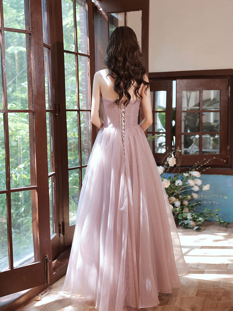 Elegant Pink A-Line Tulle Lace Applique Long Prom Dress for Women - Formal Evening Gown for Homecoming, Wedding, Party & Special Occasions