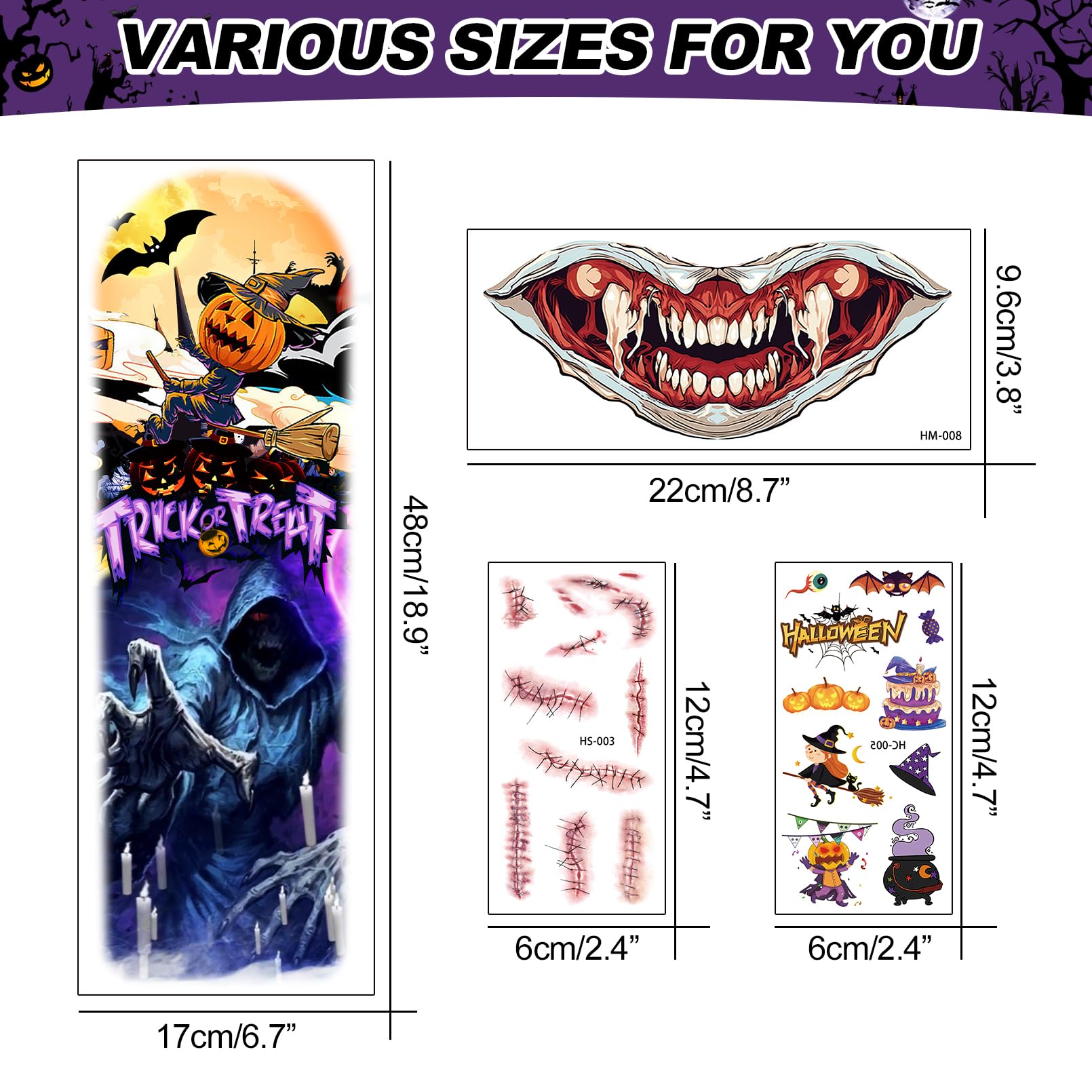 170+ PCS Halloween Mouth Tattoos - 30 Sheets Zombie, Pumpkin, Witch & Sugar Skull Designs for Scary Makeup & Face Tattoos - Perfect for Halloween Parties, Horror Prank Gifts & Cosplay Costume Accessories