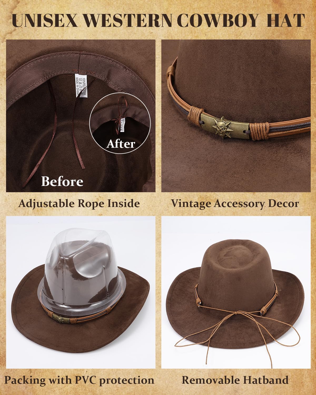 Classic Western Cowboy Hat for Men & Women - Wide Brim Cowgirl Hat - Durable Felt/Straw - Perfect for Rodeo, Halloween, Country Music Festivals & Western Themed Parties