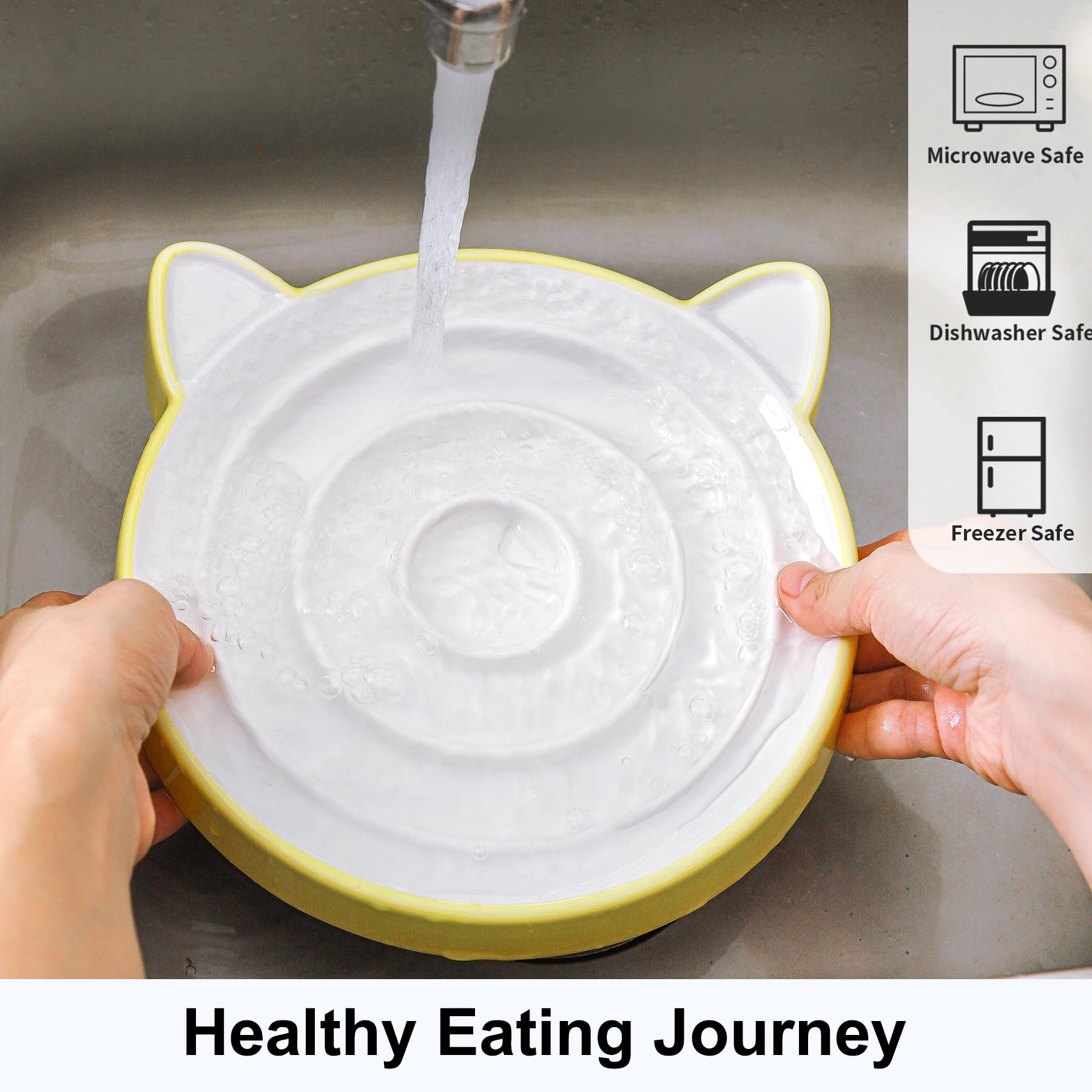 Cat Slow Feeder Bowl - 8.8'' Ceramic Puzzle Feeder with Cat Ears Design, Heavy & Shallow Whisker-Friendly Pet Dish for Stress-Free Eating - Perfect for Fast Eaters & Portion Control (Yellow)