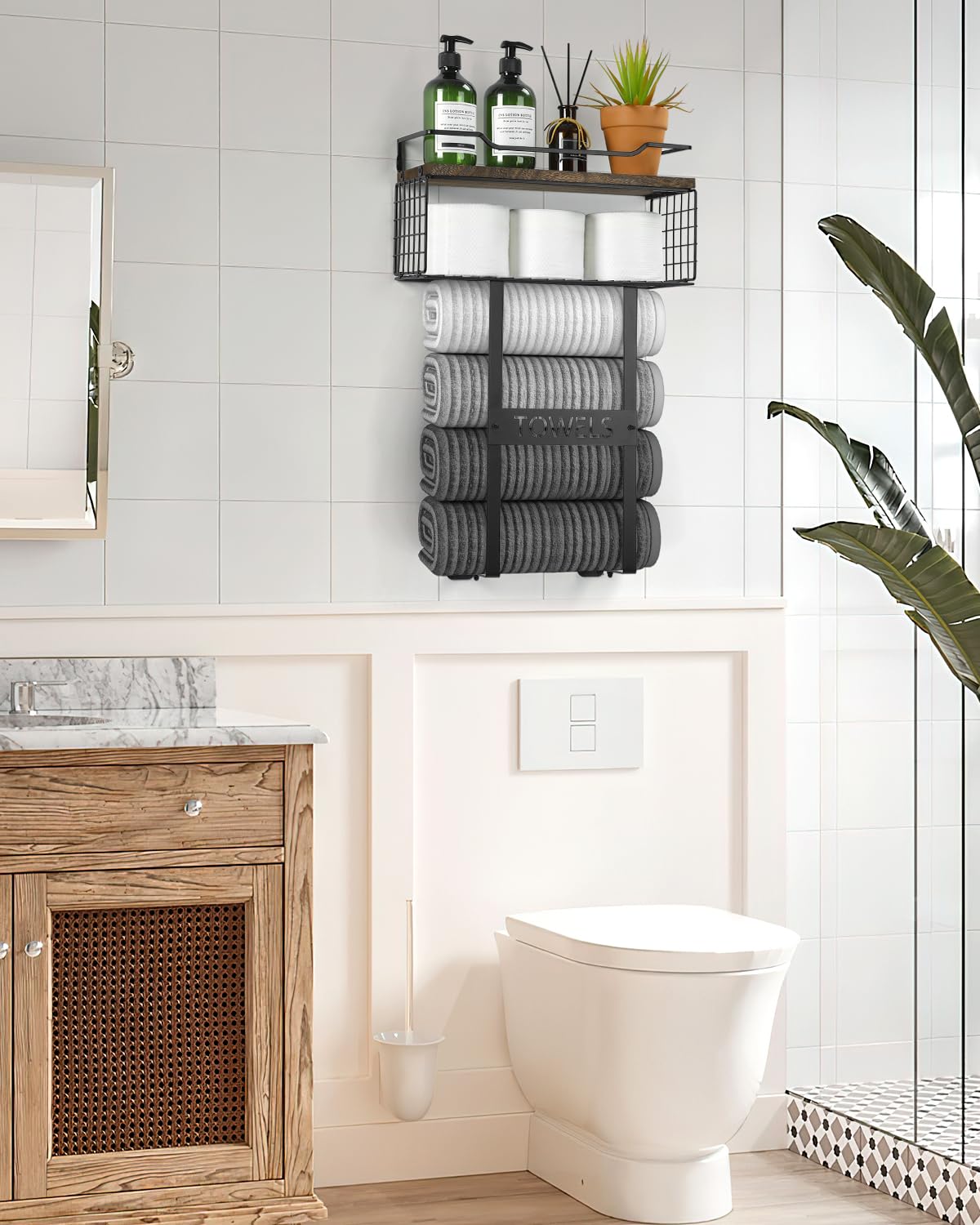 Rustic Brown Wooden Wall Mounted Bathroom Towel Rack Set - Space Saving Rolled Towel Shelf Organizer for Small Bathrooms - Perfect Above Toilet Storage & Bathroom Wall Decor for Home, Apartment, and RV Use