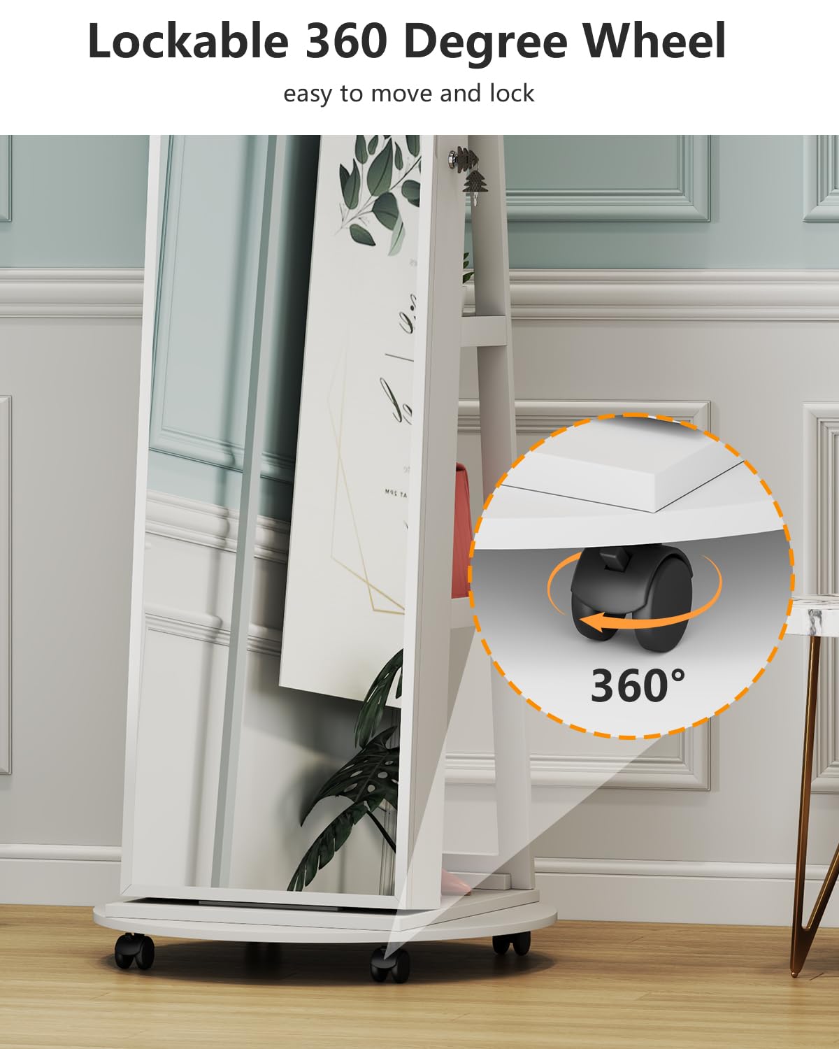 Full Length Mirror with Jewelry Storage - 360° Rotating Jewelry Armoire Organizer with LED Lights & Lockable Cabinet - Standing Jewelry Mirror for Bedroom, Dressing Room & Christmas Gifts (White)