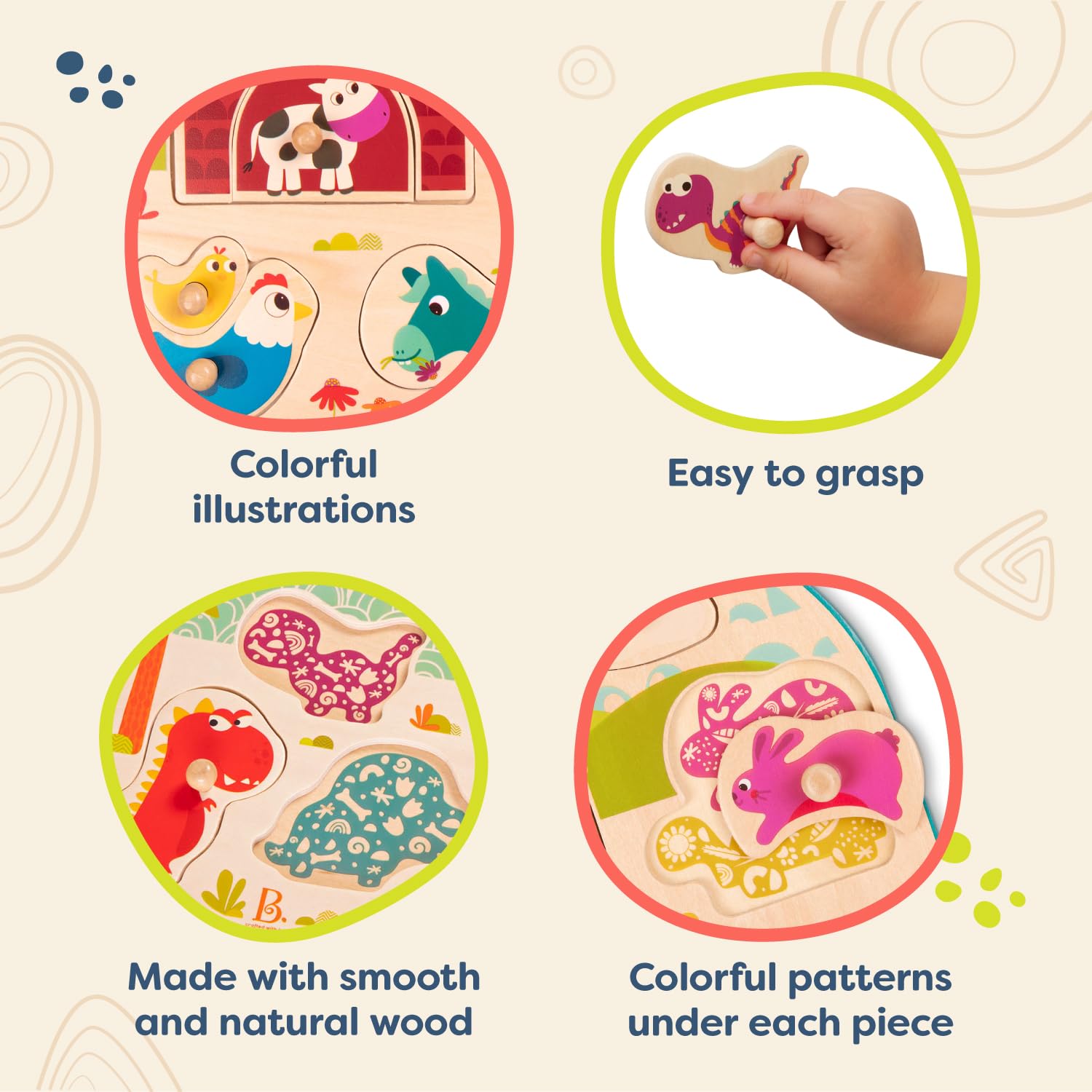 B. Toys Wooden Peg Puzzle 2-Pack - Dinosaur & Farm Animal Puzzles for Toddlers (18+ Months) - 8-Piece Educational Learning Toys for Kids - Perfect for Preschool Activities & Early Childhood Development