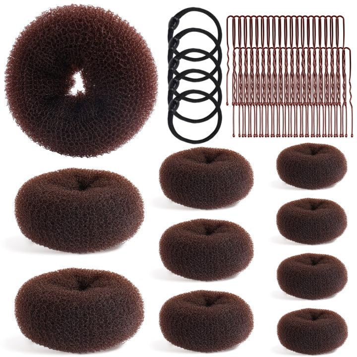 65-Piece Hair Accessories Set with 10 Hair Bun Makers (1 XL, 2 Large, 3 Medium, 4 Small), 50 U-Shaped Pins & 5 Hair Ties - Ballet Donut Bun Maker for Long Thick Hair - Perfect for Ballet, Dance, Wedding & Everyday Hairstyles (Brown)