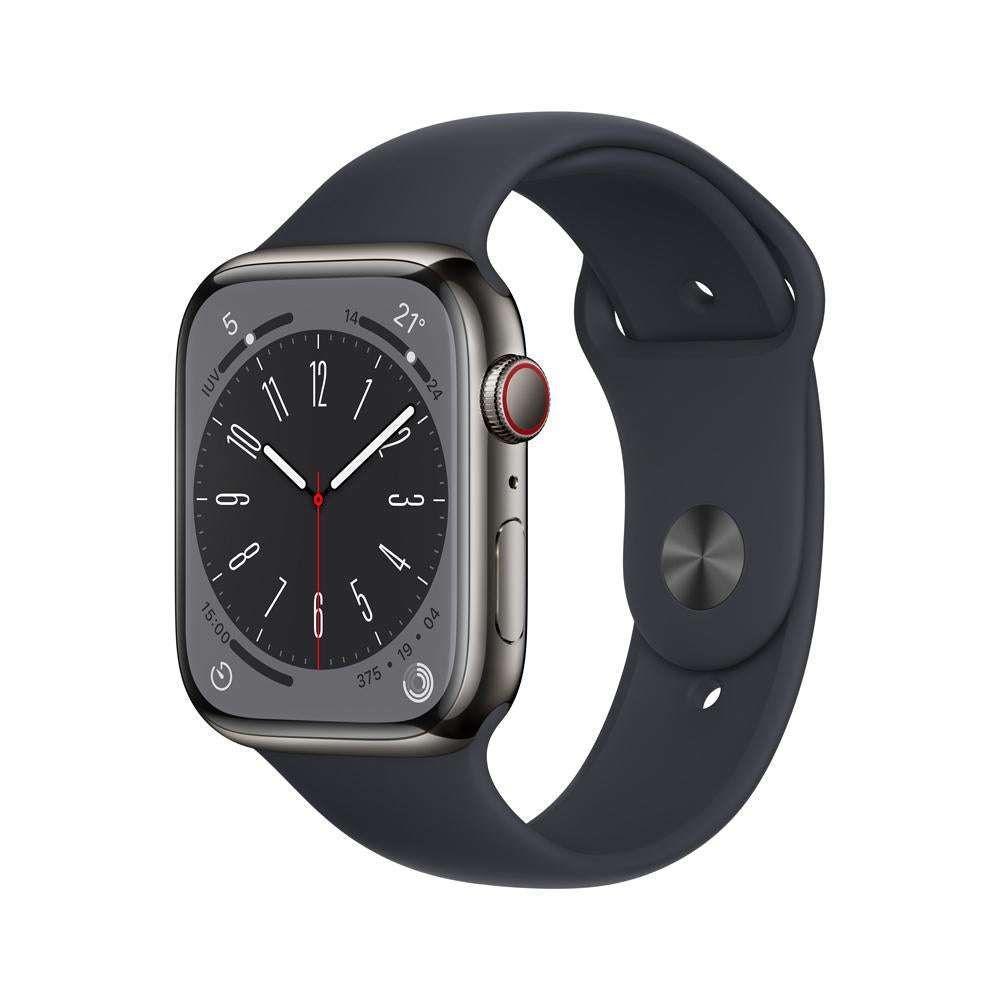 Apple Watch Series 8 (GPS + Cellular) 45mm Graphite Stainless Steel Case with Midnight Sport Band - Perfect for Fitness Tracking, Calls & Smart Notifications