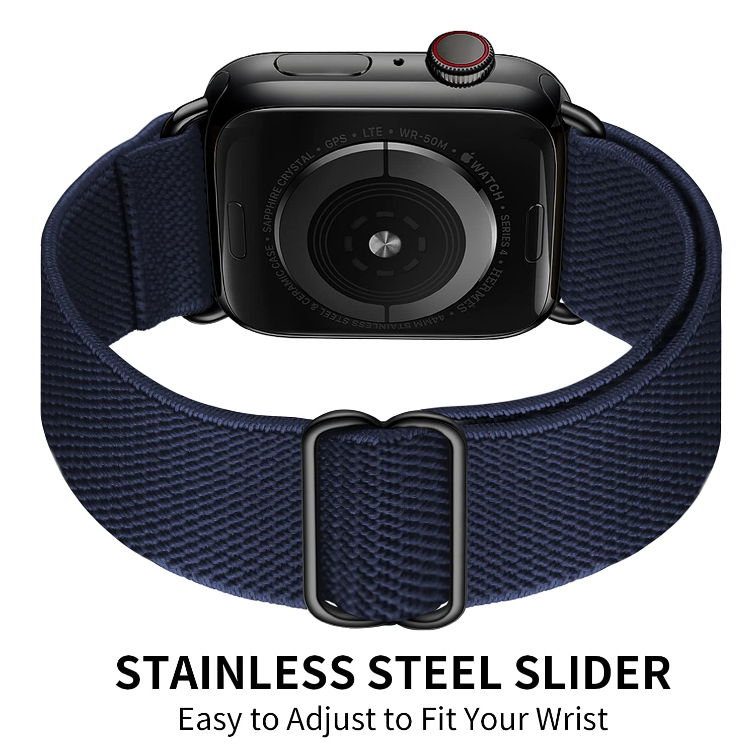 OXWALLEN Metal Connector Stretch Nylon Solo Loop Band for Apple Watch Series 9/8/7/6/5/4/3 SE Ultra 2/1 (49mm/45mm/44mm/42mm) - Adjustable Elastic Strap with Stainless Steel Adapter in Midnight Blue | Perfect for Workouts, Running & Everyday Wear