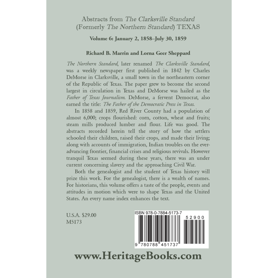 Historical Abstracts from Clarksville Texas Standard & Northern Standard Newspaper Archives Vol 6 (Jan 1858-July 1859) - Genealogy Research & Texas History Study Resource