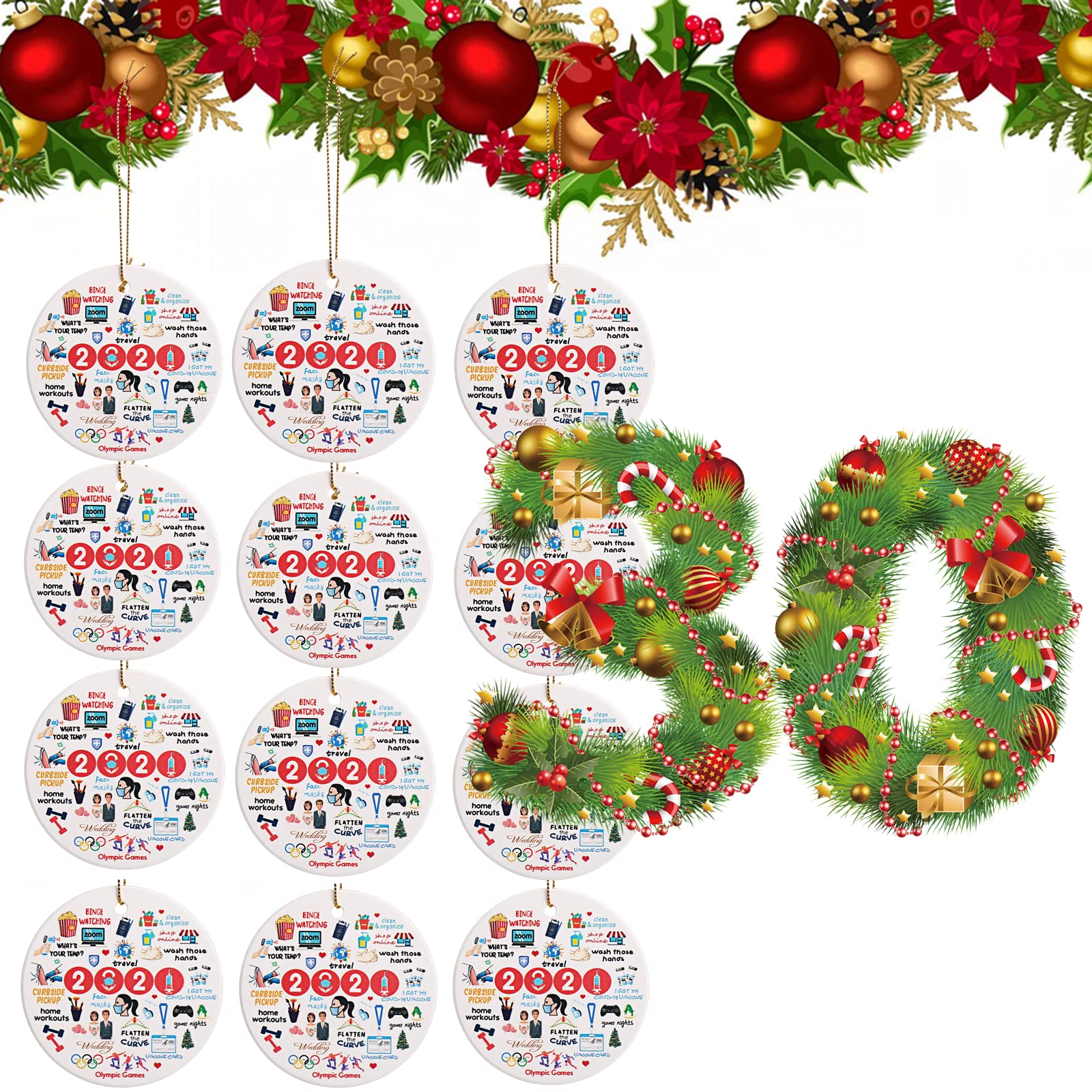 Labato 2021 Christmas Ornament Set - 30PCS Ceramic Round Keepsake Ornaments for Christmas Tree Decorations, Funny Hanging Decor to Remember Special Events | Perfect for Holiday Parties, Home Decor & Gift Giving