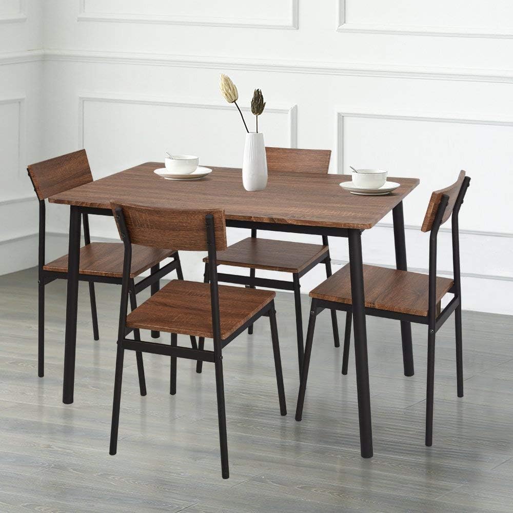 5-Piece Rustic Industrial Style Wooden Kitchen Table and Chairs Set for 4 - Perfect for Small Dining Rooms, Breakfast Nooks & Farmhouse Kitchens