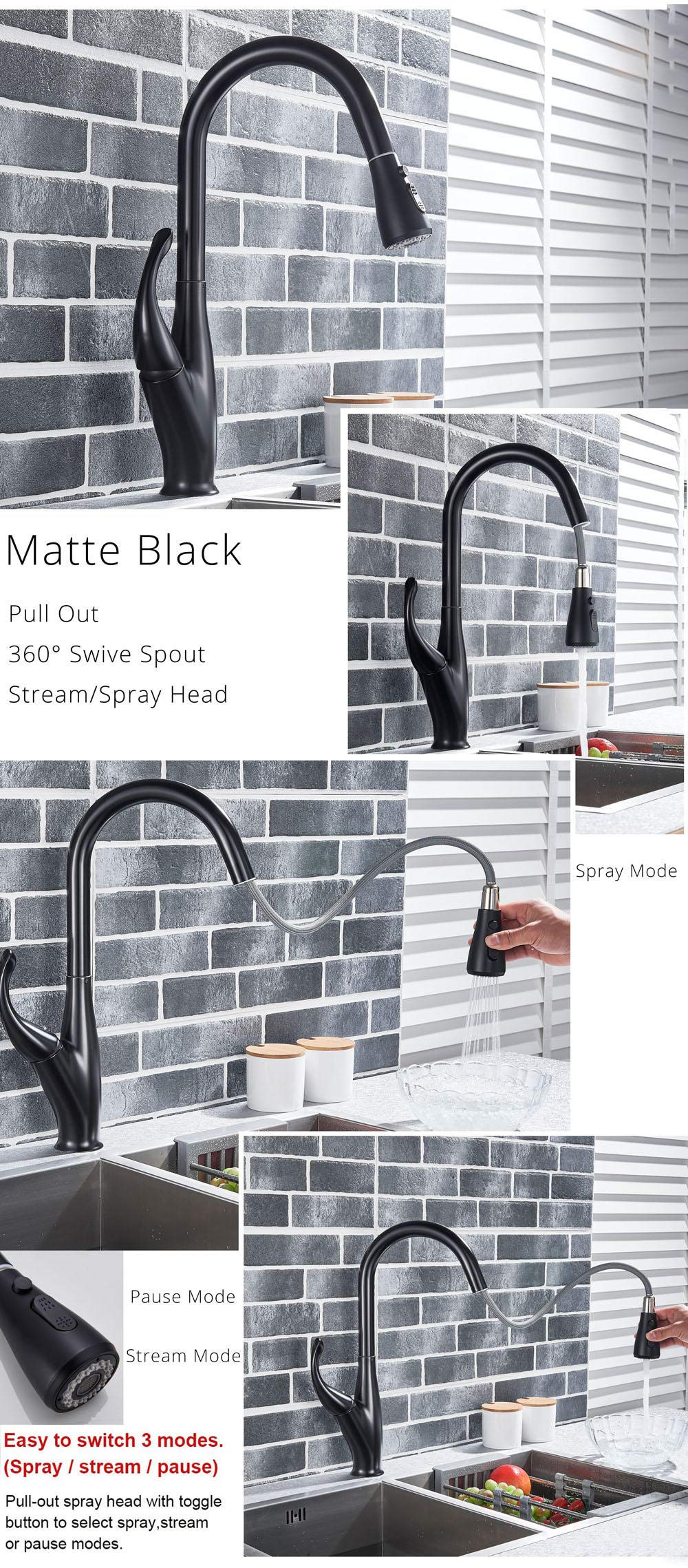 Black Pull Down Kitchen Faucet with Single Handle - Hot & Cold Water Mixer Tap with Stream Spray for Modern Bathroom & Kitchen Sink | Perfect for Cooking, Washing Dishes & Cleaning