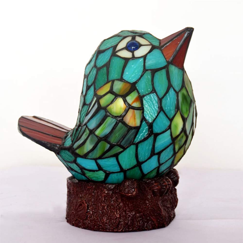 Tiffany Style Table Lamp - 6 Inch Wide Stained Glass Shade with Little Green Bird Design, Resin Base Traditional Handmade Lighting for Living Room, Bedroom, Dining Room & Study | Perfect for Home Decor, Reading Nook & Nightstand Accent
