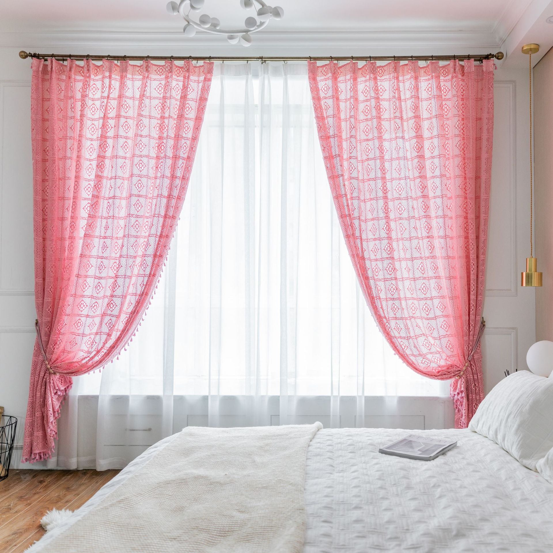 Raquel Pink Crochet Hollow Knit Sheer Custom Window Curtains - Elegant Boho Home Decor for Living Room, Bedroom & Nursery