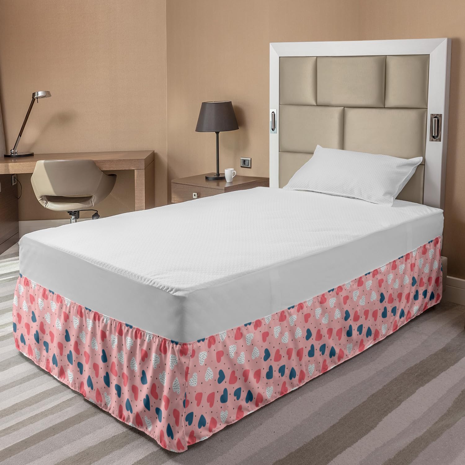 Ambesonne Valentine's Day Bed Skirt - Romantic Love Theme with Dotted Heart Motifs, Elastic Wrap Around Dust Ruffle for Full Size Beds, Pale Pink Coral | Perfect for Bedroom Decor, Anniversary Gifts & Couples' Romantic Home Styling