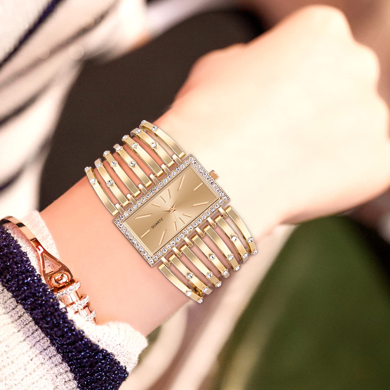 SIBOSUN Women's Silver Bangle Watch with Rectangular Dial - Elegant Luxury Skeleton Strap Quartz Watch for Women | Perfect for Office, Party & Formal Occasions