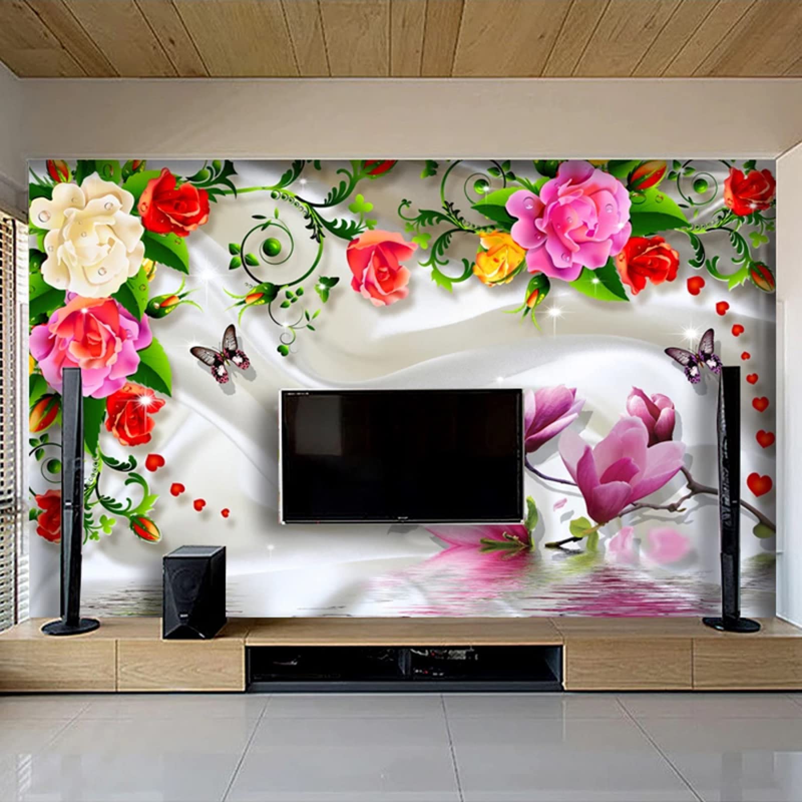 Floral Peel and Stick Wallpaper - Modern Custom Wall Mural for Living Room & Bedroom Decor, 9'2'' x 5'11'' - Perfect for Home Renovation, Wedding Backdrops, and Photo Booth Backgrounds
