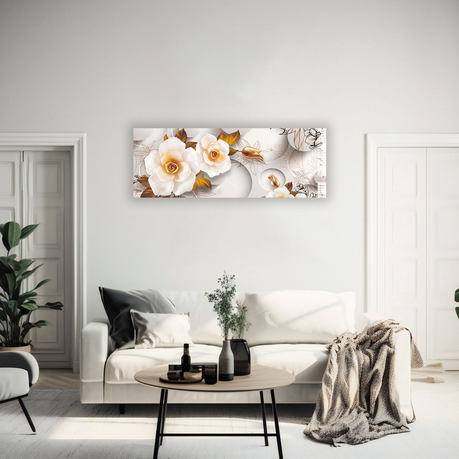 White Rose Panoramic Wall Art - Elegant Home Decor for Living Room, Bedroom & Office - Perfect for Gifts & Interior Design