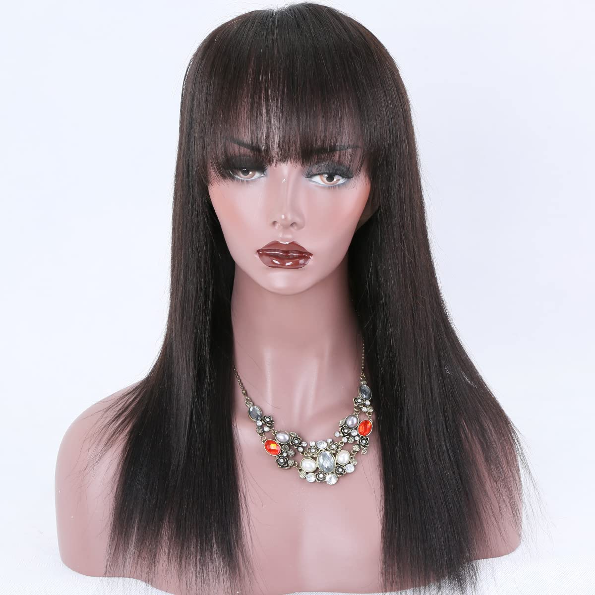 360° Glueless Lace Front Wig - Brazilian Virgin Human Hair, Pre Plucked with Bangs, Light Yaki Straight, 150% Density, 14 Inches - Natural Black Women's Wig for Daily Wear & Special Occasions