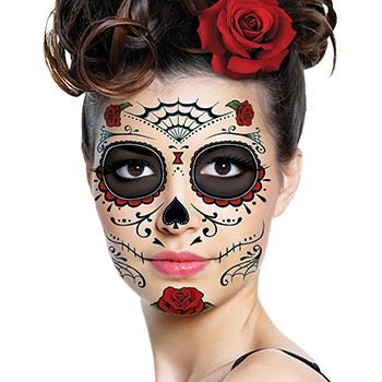 Sugar Skull Temporary Tattoo Kit - Rose Design Fake Tattoos (3 Pack) for Halloween, Dia de Los Muertos, Costume Parties & Festivals