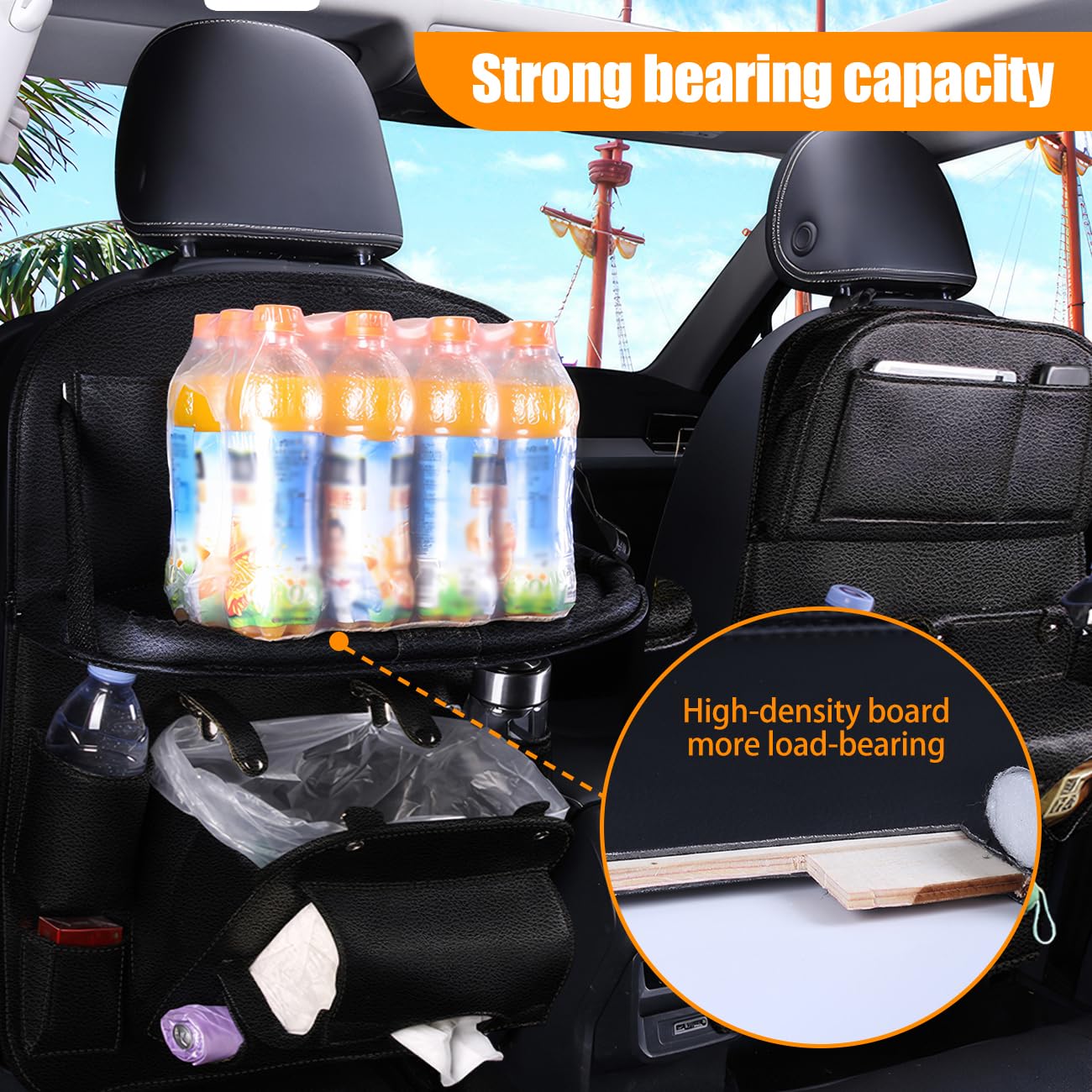 2 Pack Leather Car Backseat Organizers with Foldable Garbage Storage, Kick Mats Back Seat Protector & Tablet Holder, Car Storage Organizer for Kids - Perfect for Family Road Trips and Daily Commutes