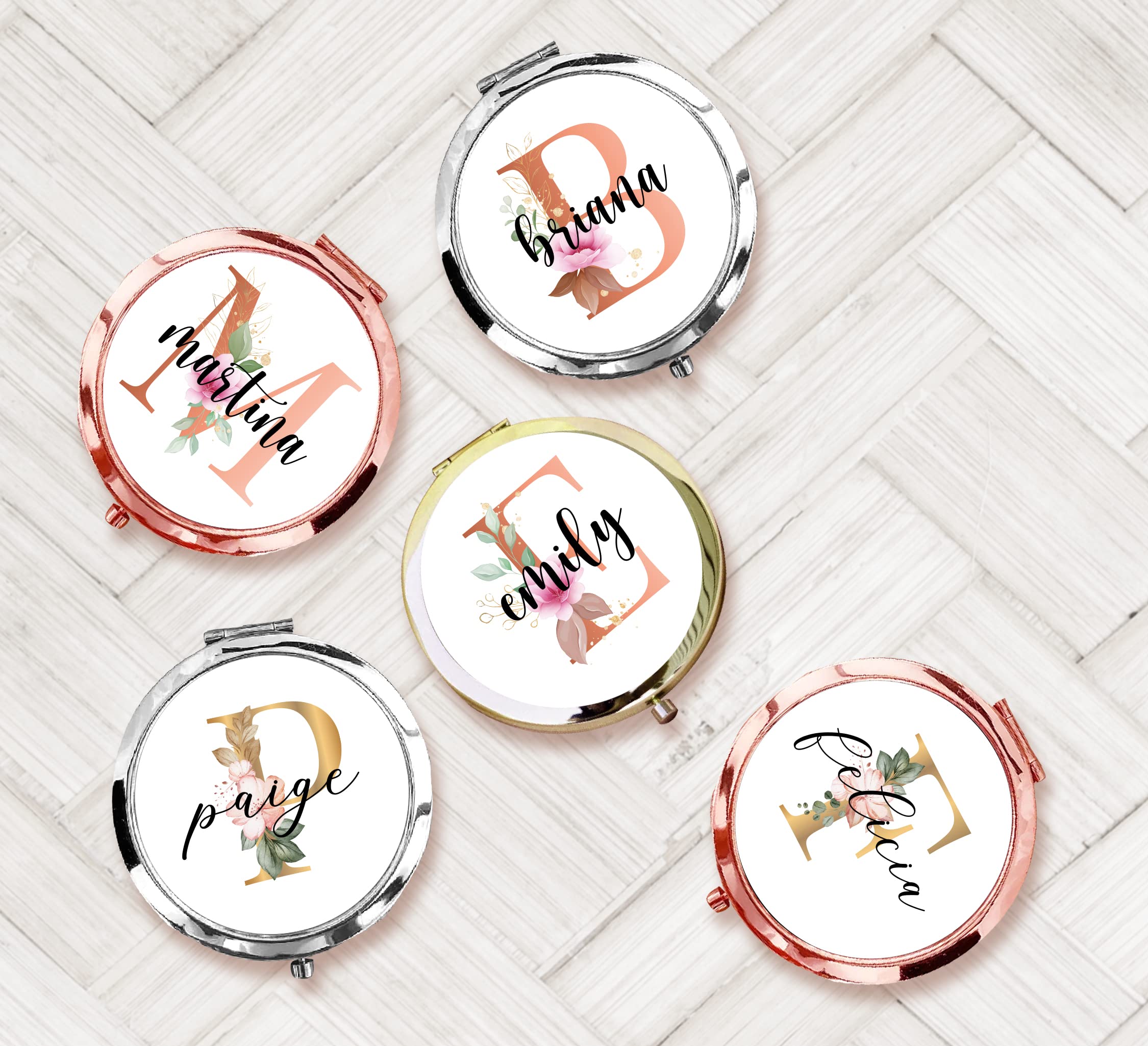 Personalized Floral Initial Compact Mirror - Elegant Silver Travel Makeup Mirror for Bridesmaid Proposal Gifts, Wedding Party Favors & Everyday Touch-Ups