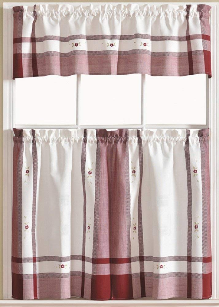 Luxury Embroidered Vienna Kitchen Curtains 3PC Set - Beige & Burgundy for Modern Homes
