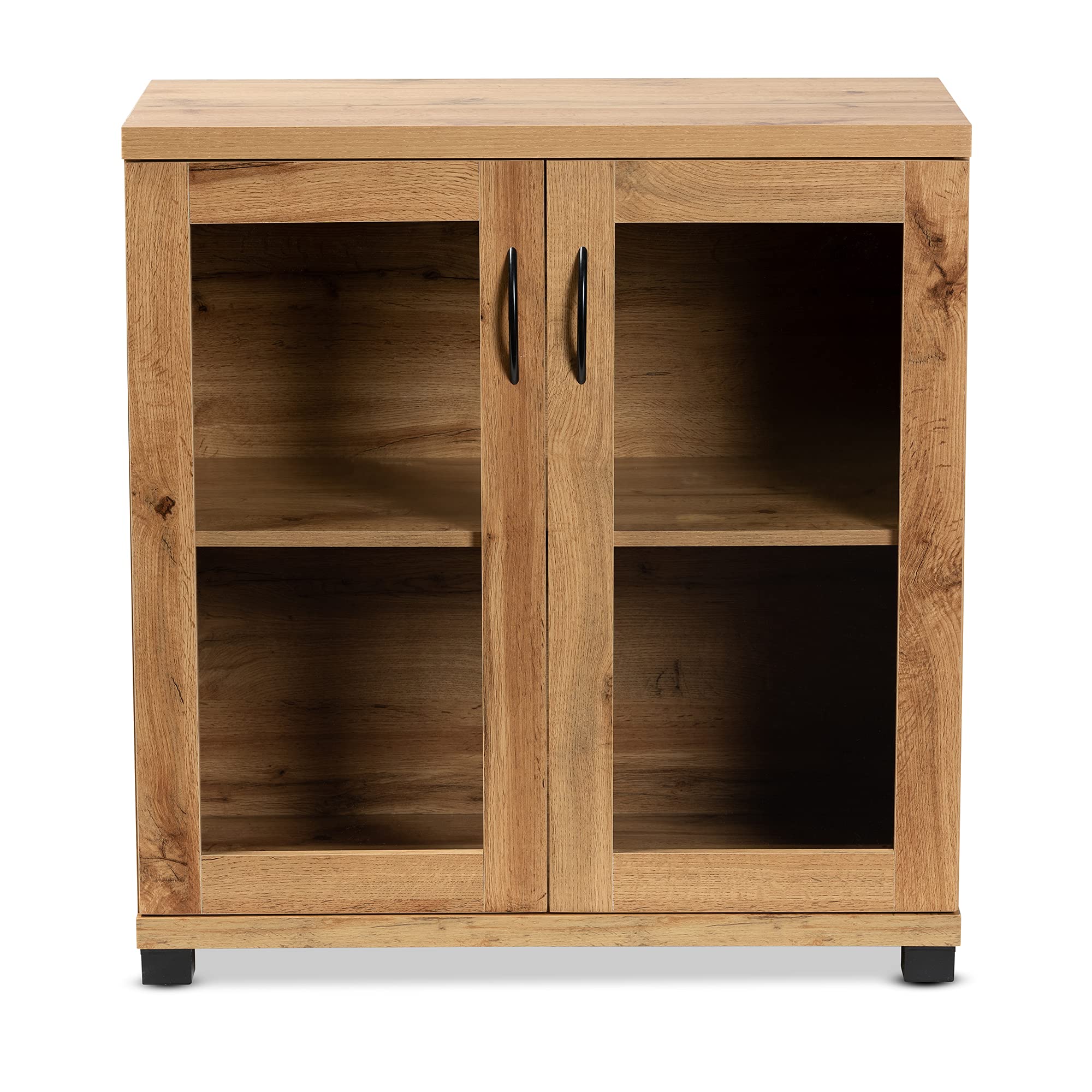 Baxton Studio Zentra Modern Oak Brown Wood 2-Door Storage Cabinet with Glass Doors - Contemporary Home Office Furniture for Living Room, Bedroom & Entryway Storage